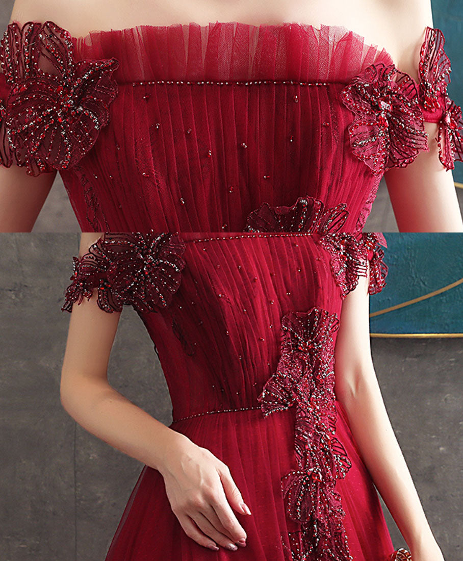 Elegant Burgundy Tulle Lace Long Prom Dress - A-Line Evening Gown for Homecoming, Formal Dances & Special Occasions