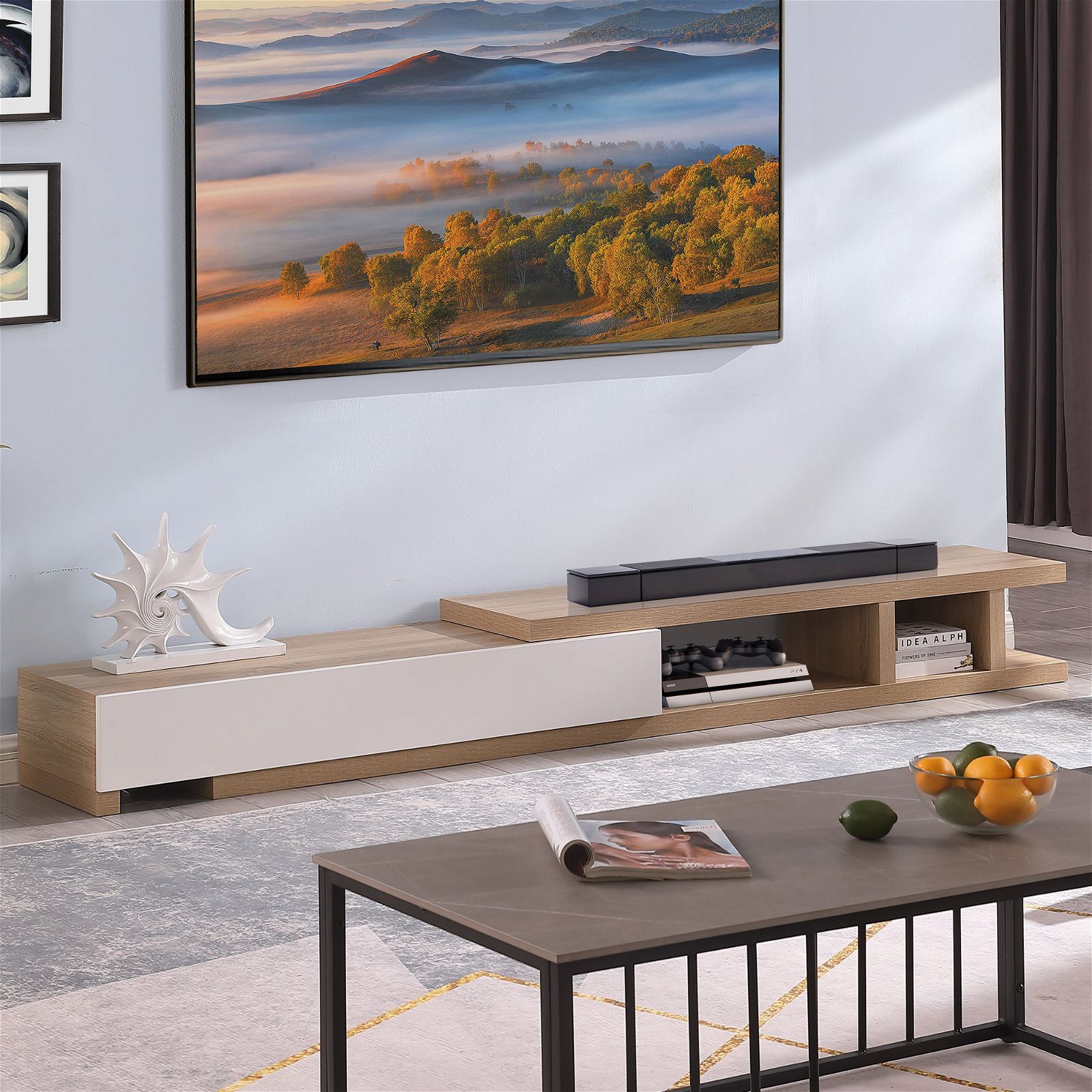 Criterion Extendable TV Stand 279cm - Solid Oak Entertainment Center for Living Room, Home Theater & Media Storage | Modern TV Cabinet with Adjustable Shelves