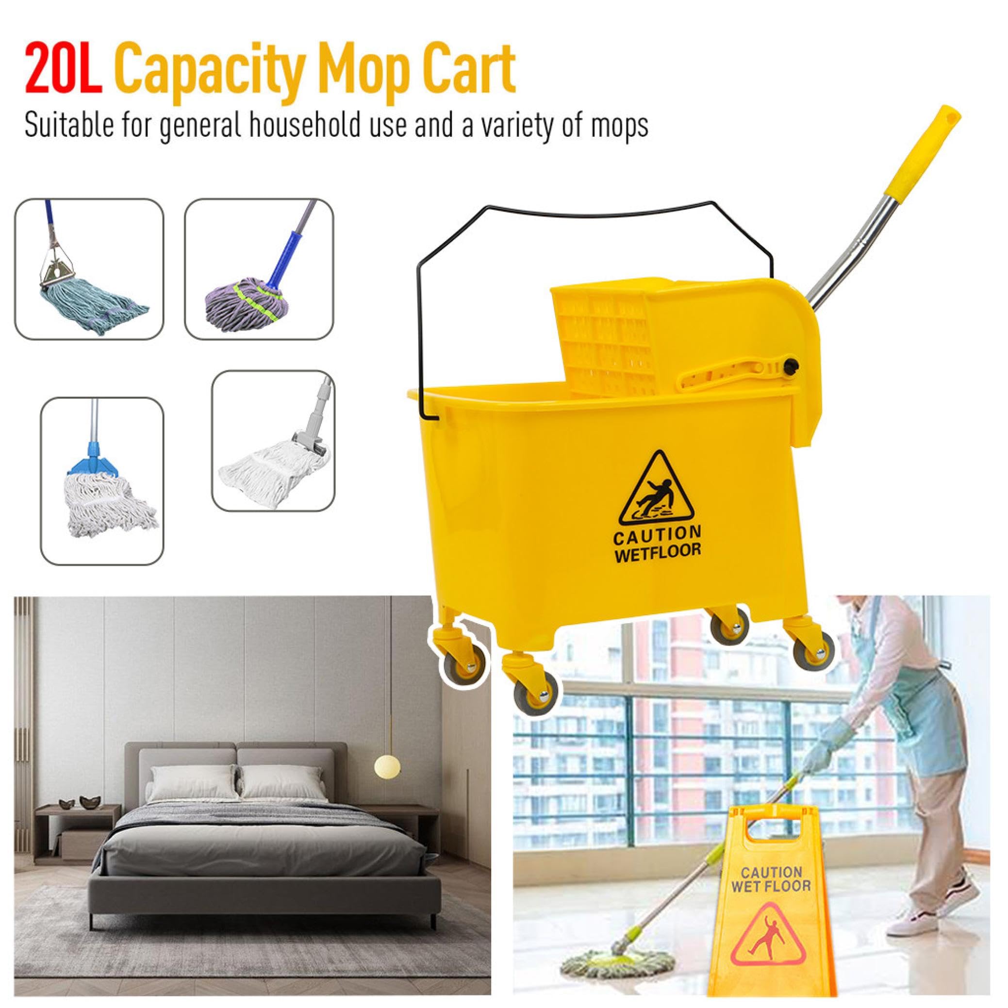Commercial 20 Quart Mop Bucket with Wringer on Wheels - Heavy Duty Side Wringer Combo Set for Home & Industrial Cleaning - Ideal for Schools, Hospitals, and Office Floor Maintenance