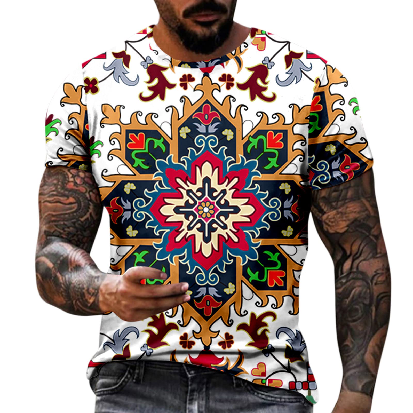 BEUU Men's Short Sleeve T-Shirt - 3D Ethnic Boho Print Crewneck Muscle Tee for Summer, Workout & Casual Wear | Breathable Athletic Shirt for Gym, Travel & Everyday Use