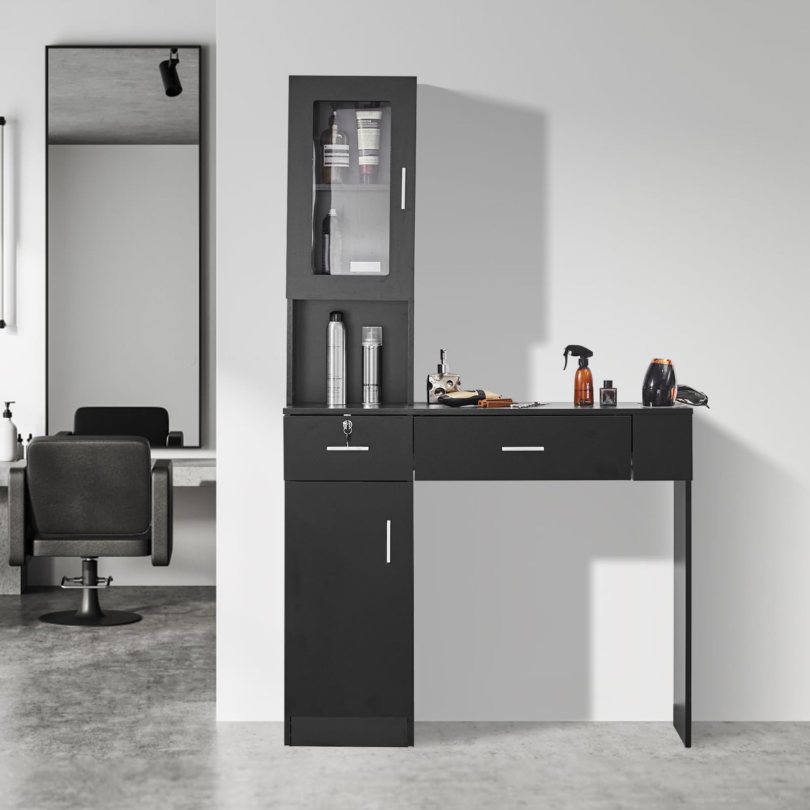 VEVOR Wall Mount Salon Station for Hair Stylists & Barbers - Black Beauty Spa Furniture with Storage Cabinet, 3 Cubbies & 2 Drawers (1 Lockable) - Perfect for Home Salons, Barber Shops & Professional Styling Stations