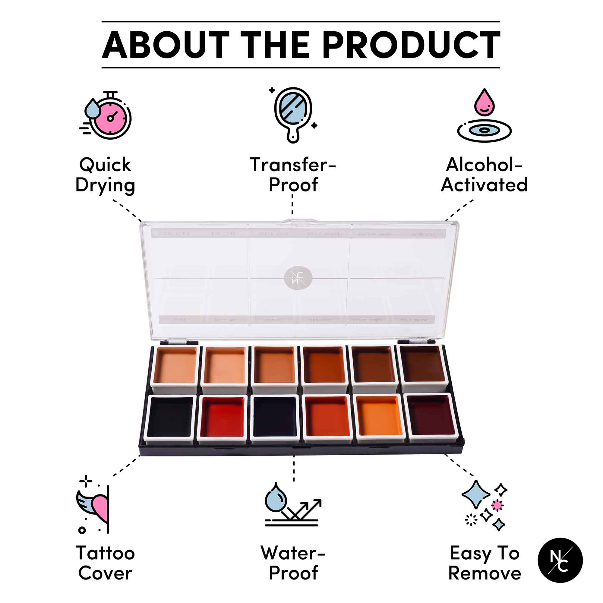 12 Color Dark Flesh Tone Alcohol Activated Palette - Professional Face & Body Paint for Halloween, Cosplay & Special Effects Makeup