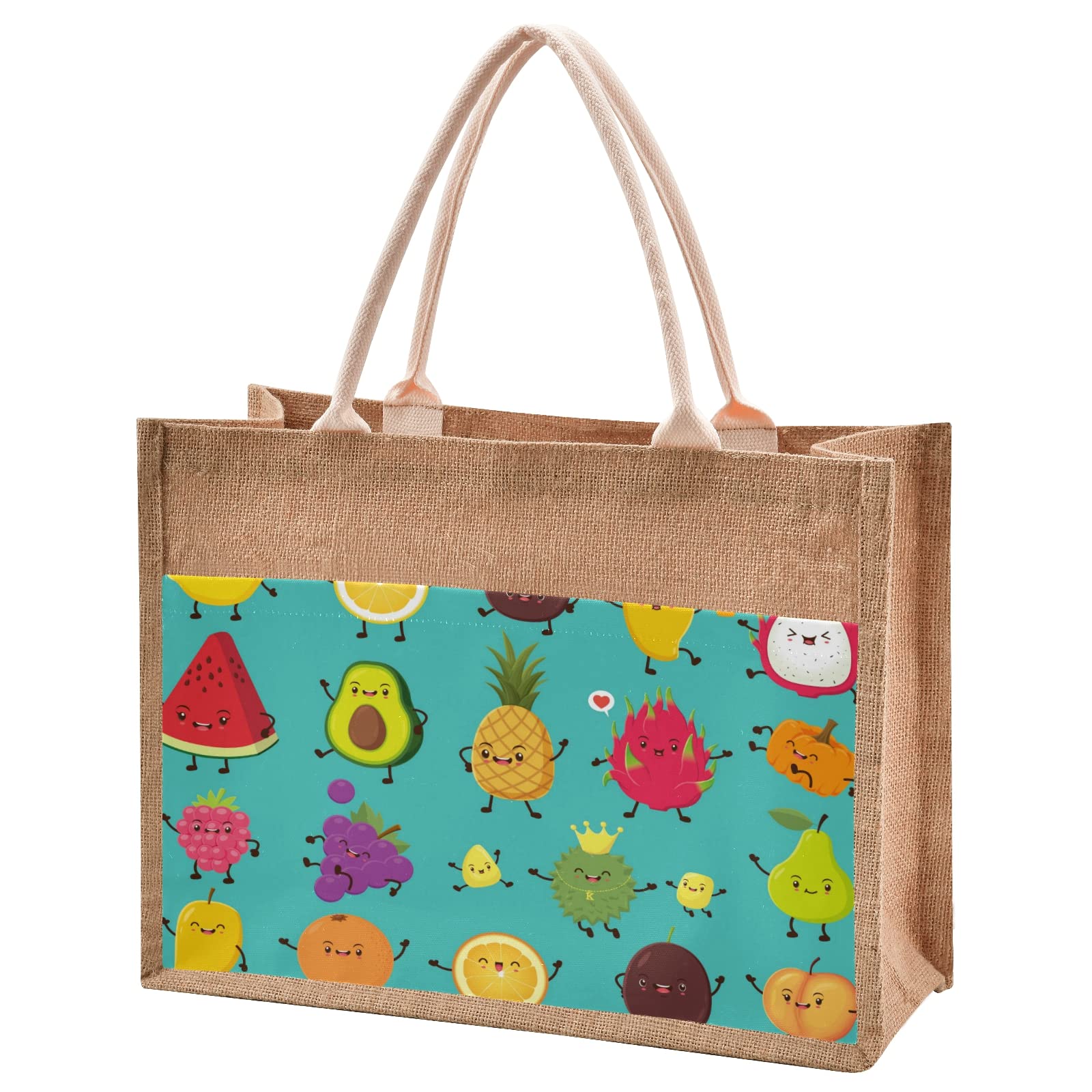 Eco-Friendly Lemon Avocado Pineapple Jute Tote Bag - Reusable Burlap Straw Beach Bag for Shopping, Groceries & Wedding Gifts | Perfect for Summer Outings, Farmers Market & Sustainable Lifestyle