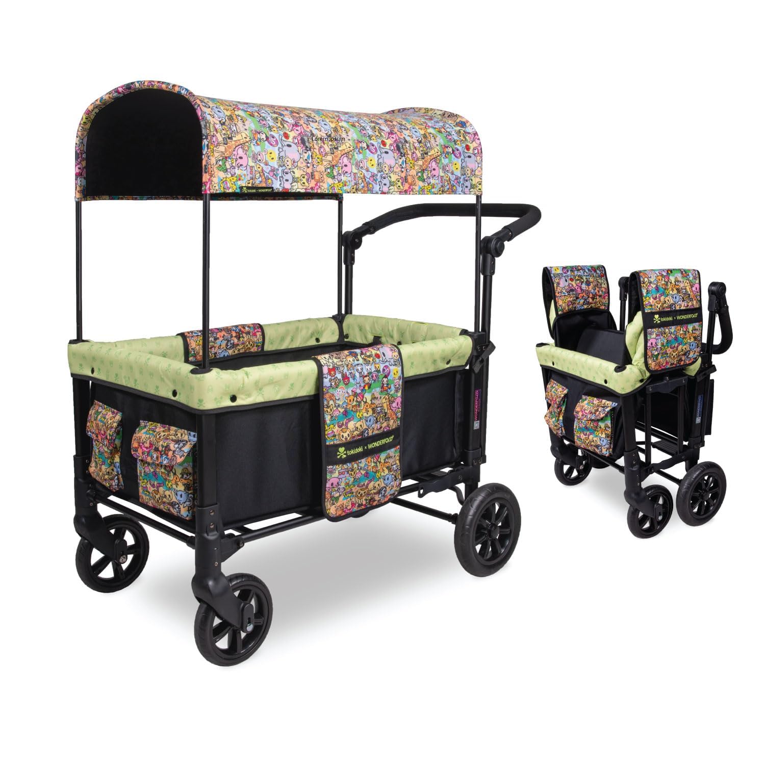 Wonderfold W1 Original 2-Seater Stroller Wagon - Foldable Baby Wagon with 5-Point Safety Harness, Adjustable Handle & Sun Canopy | Tokidoki Animalini Design | Perfect for Beach Trips, Park Outings & Family Adventures