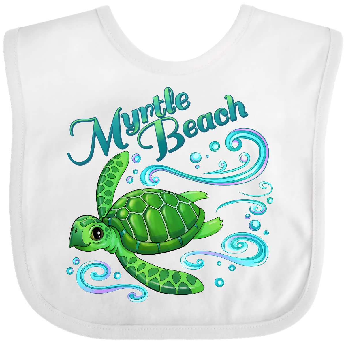 Inktastic Myrtle Beach Cute Sea Turtle with Waves and Bubbles Baby Bib - Soft Cotton Drool Bib for Newborns & Infants - Perfect for Beach Trips, Swimming Lessons, and Summer Outfits