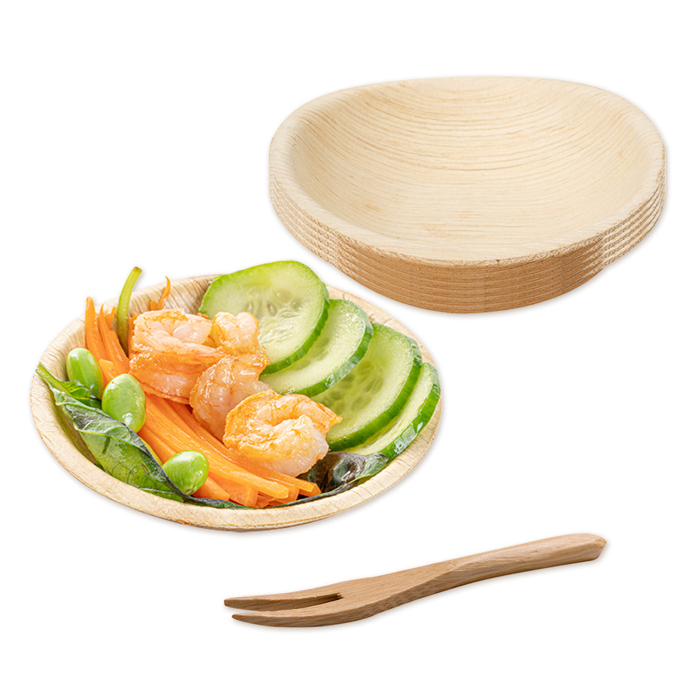 100-Pack Eco-Friendly 4oz Round Palm Leaf Bowls & 100 Natural Bamboo 3.5