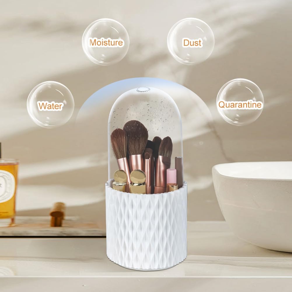 INOVERA 5 Slot Makeup Brush Holder | 360° Rotating Cosmetic Organizer with Dustproof Lid | Brush Storage Case for Women & Girls | Perfect for Vanity, Travel & Salon Use (White)