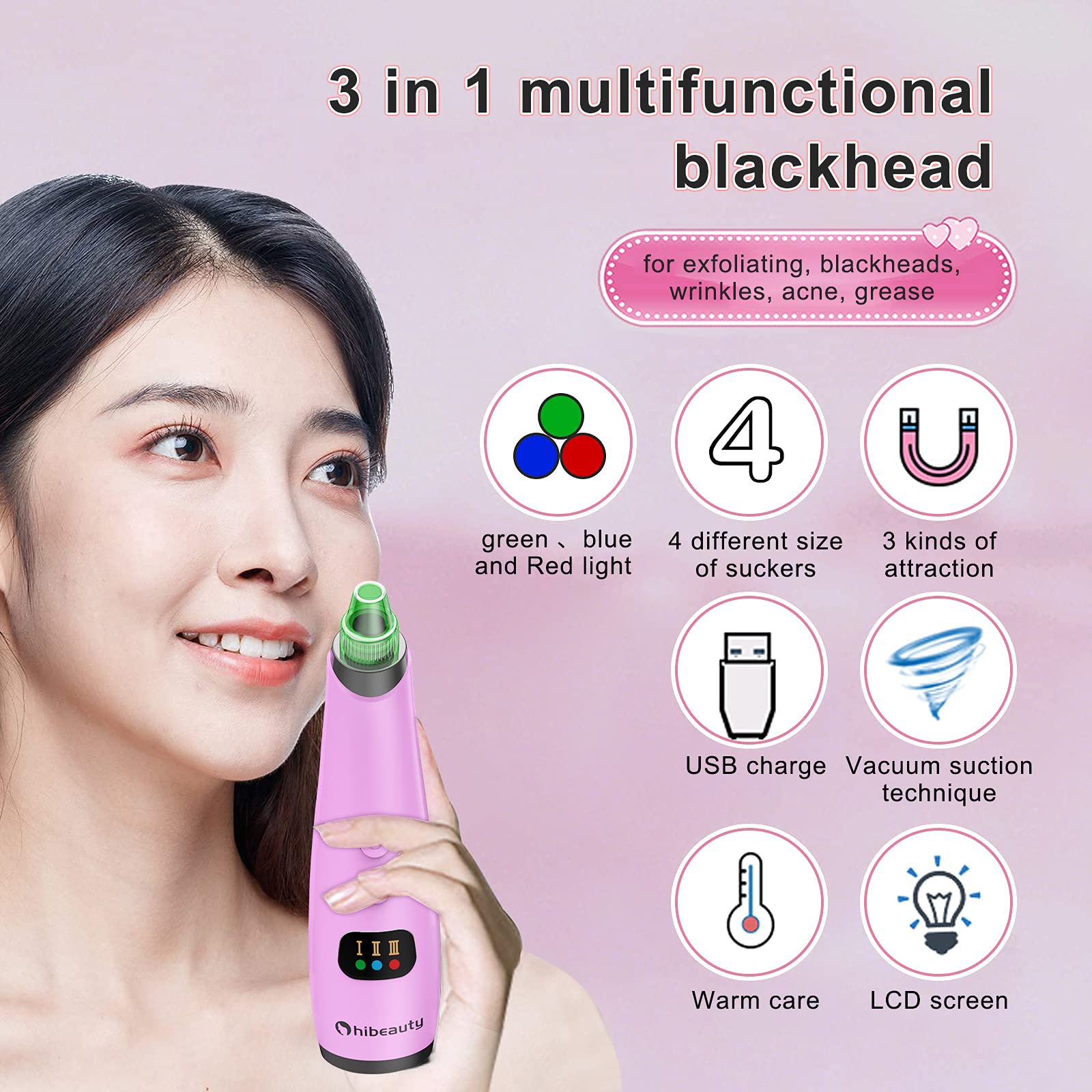 Hibeauty Electric Blackhead Remover Vacuum - Pore Cleaner Tool with 4 Detachable Probes & 3 Suction Levels | Facial Cleansing Device for Acne, Blackhead & Blemish Removal | Perfect for Home Spa & Skincare Routine