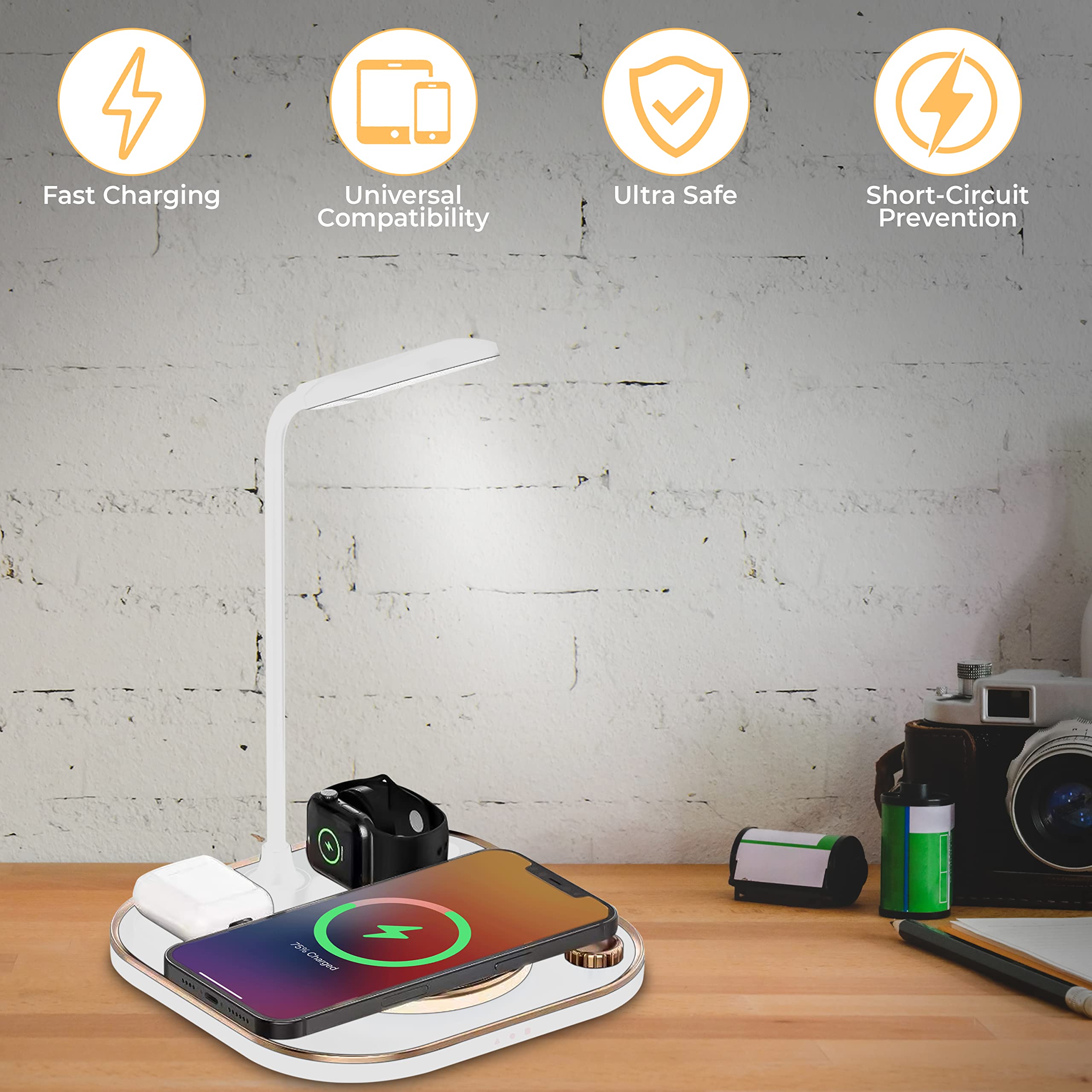 3-in-1 LED Desk Lamp with 15W Qi Wireless Fast Charger for Smartphone, Smartwatch & Earphones - 360° Adjustable Lamp Hose for Home Office, Study & Bedroom