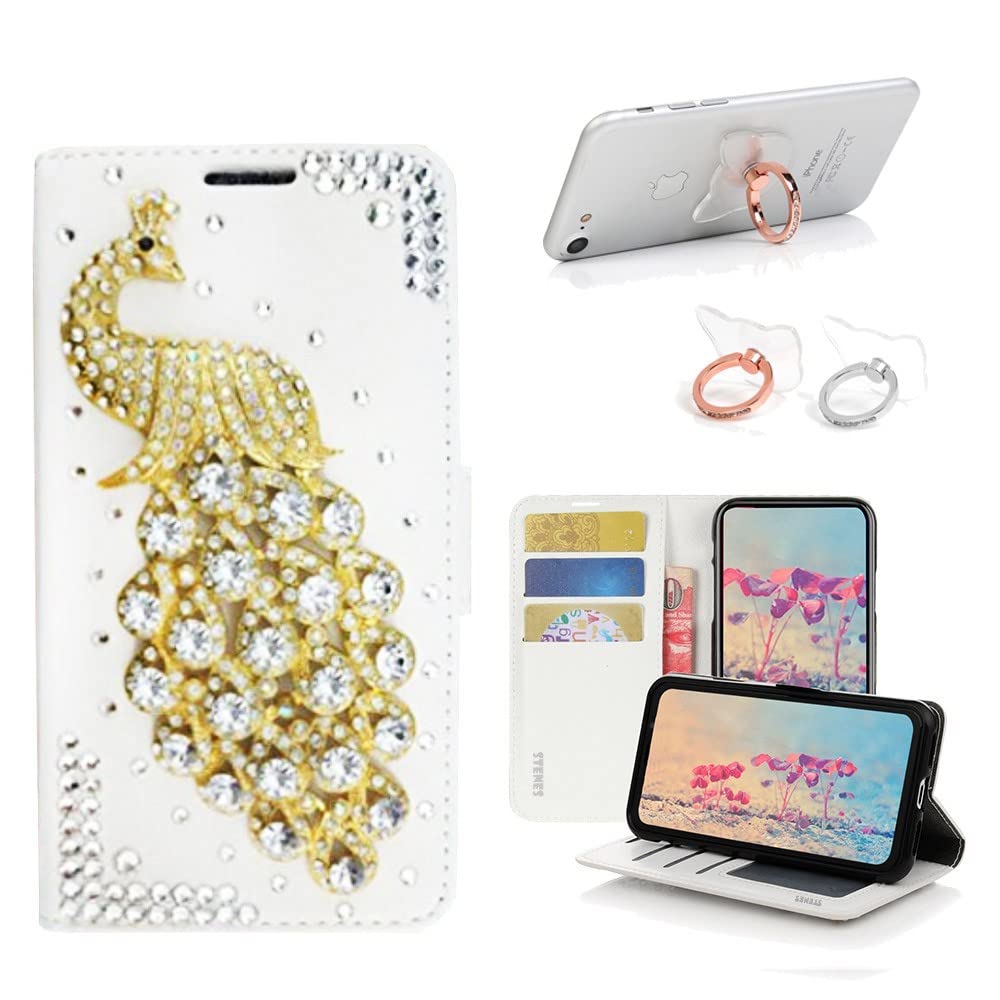 STENES Bling Wallet Phone Case for Samsung Galaxy A20/A30 - 3D Handmade Peacock Design Leather Cover with Card Slots & Ring Stand Holder [2 Pack] - Stylish Protective Case for Women - Perfect for Parties, Shopping & Everyday Use