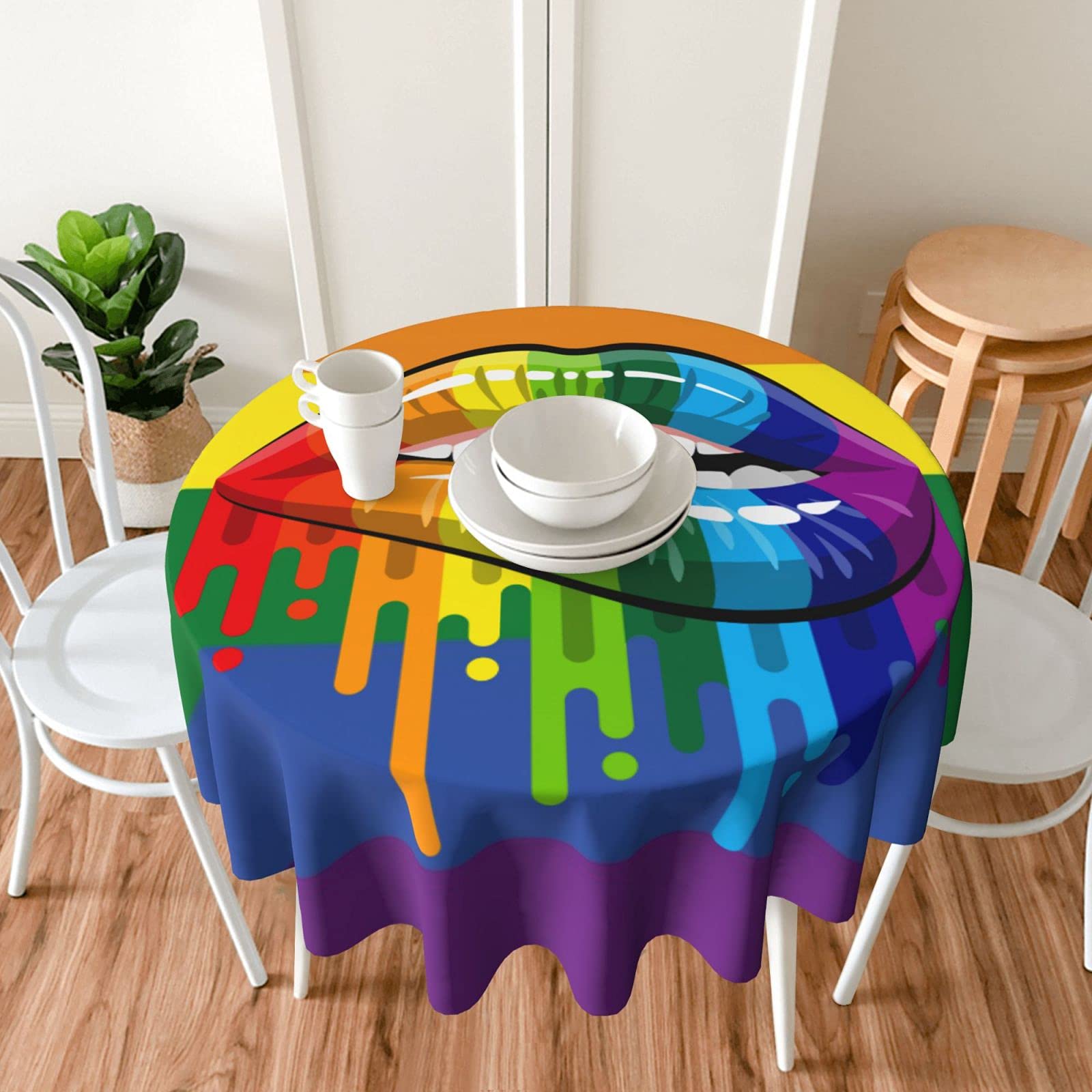 FREEHOTU LGBT Gay Pride Flag & Lips Round Tablecloth - Thickened Washable Table Cover for Kitchen, Dining, Party Decor - 60 Inch - Perfect for Pride Events, Home Decor & Themed Celebrations