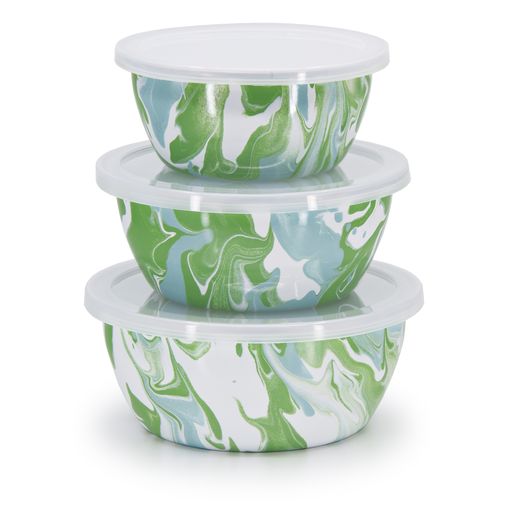 Modern Monet Swirl Enamelware Nesting Bowl Set of 3 - Vintage Style Mixing & Serving Bowls for Kitchen, Dining & Picnic - Durable & Stylish for Salads, Fruits & Desserts
