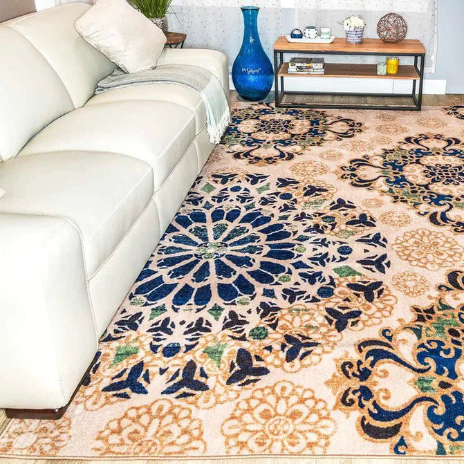 Thalia Damask Medallion Non-Slip Washable Indoor Area Rug - Soft Living Room Carpet, Bedroom Runner, Home Decor for Cozy Spaces