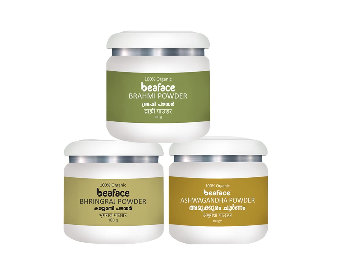**Beaface Hair Care Combo: Brahmi Powder, Bhringraj Powder & Ashwagandha Powder (3 x 100g) – Natural Hair Growth, Scalp Health & Stress Relief for Men & Women**    *(Perfect for DIY Hair Masks, Ayurvedic Treatments & Holistic Wellness Routines)*