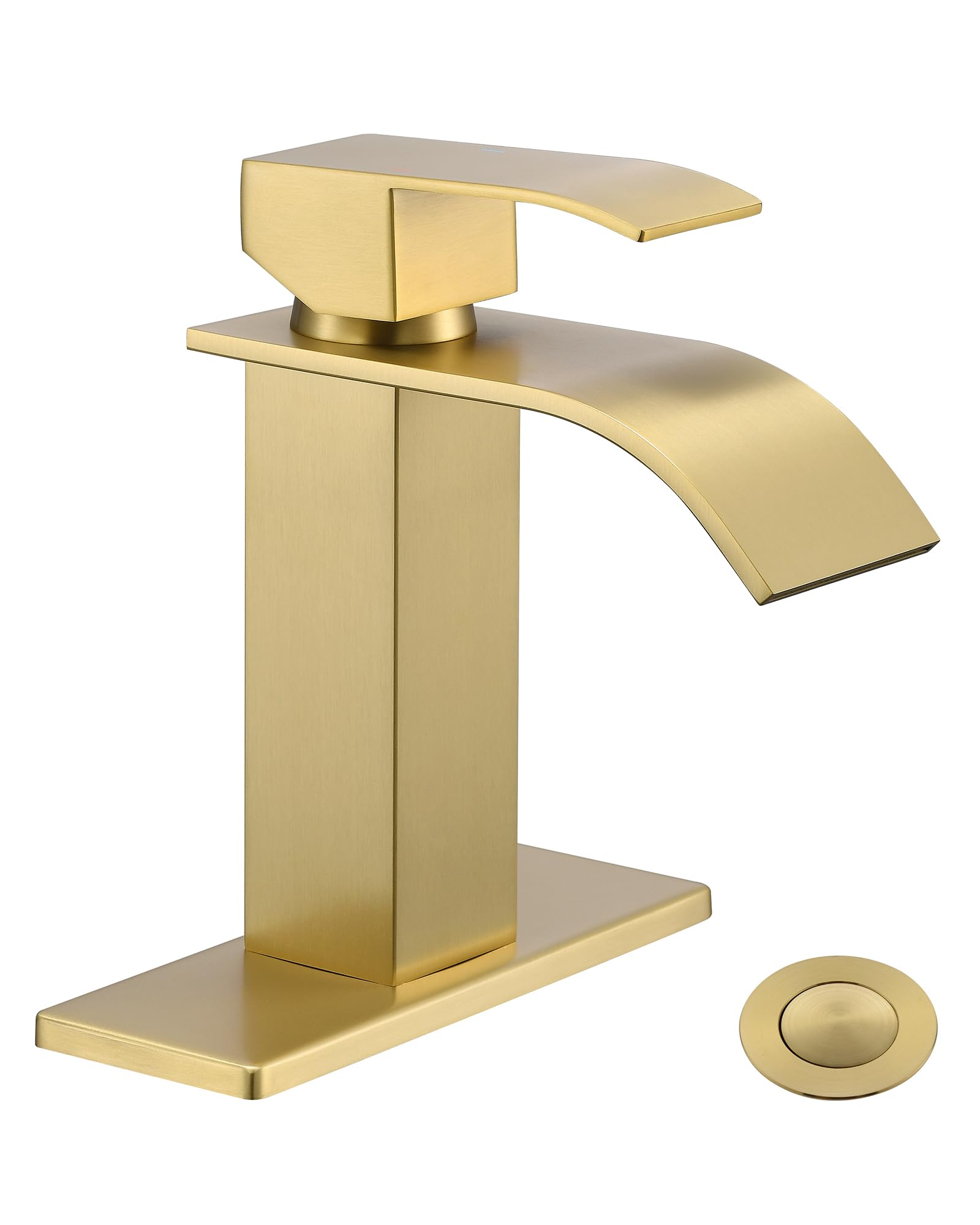 Modern Single Hole Bathroom Faucet - Waterfall Spout Brushed Gold Finish with Drain Assembly & Lead-Free Hose - Perfect for Bathroom Sink, Vanity, and Powder Room Upgrades - TONNY