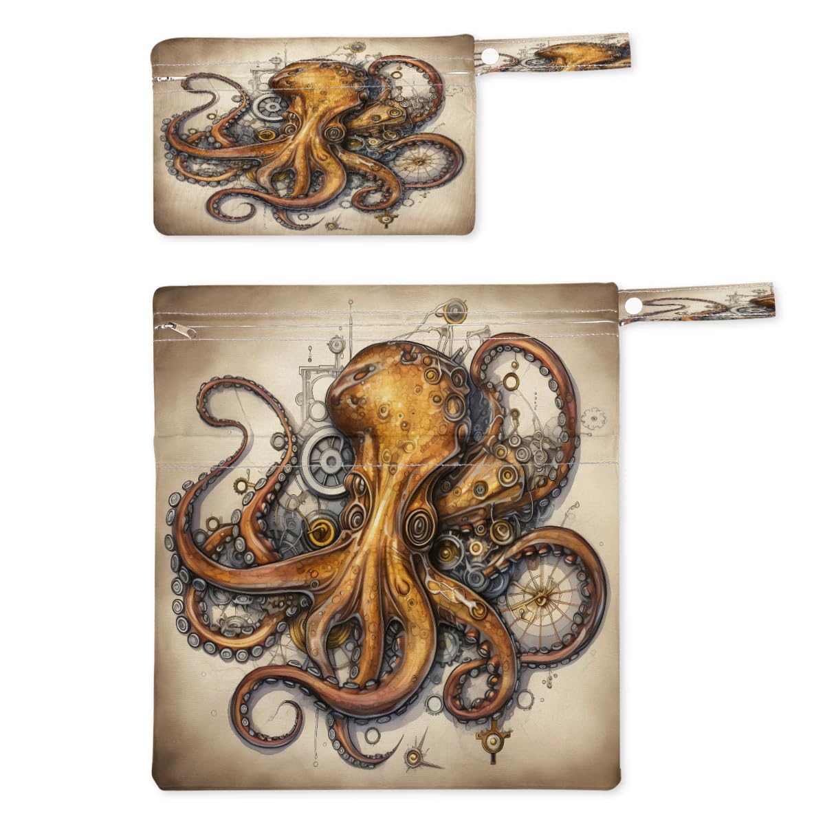 Retro Octopus Wet Dry Bag 2-Pack - Waterproof Travel Laundry Bag for Swimsuits, Cloth Diapers & Beach Essentials | Reusable Storage Organizer for Pool, Gym, Yoga & Baby Care | Perfect for Beach Trips, Swimming Lessons & Sports Activities