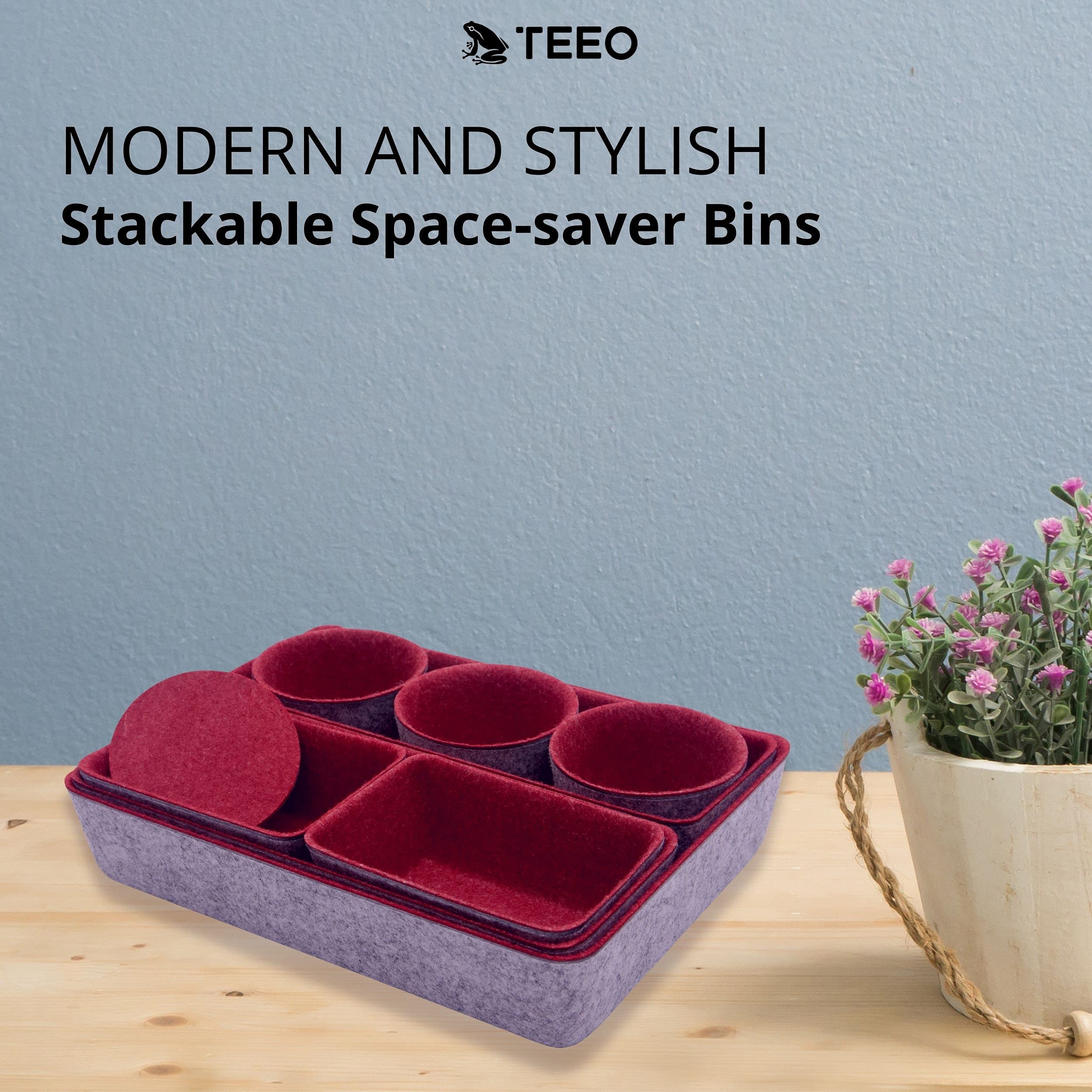 Teeo 9-Pack Burgundy Drawer Organizers - Office & Desk Storage Containers for Jewelry, Makeup, Cosmetics - Home & Office Organization Trays with Compartments | Perfect for Vanity, Bathroom, Closet & Workspace Organization