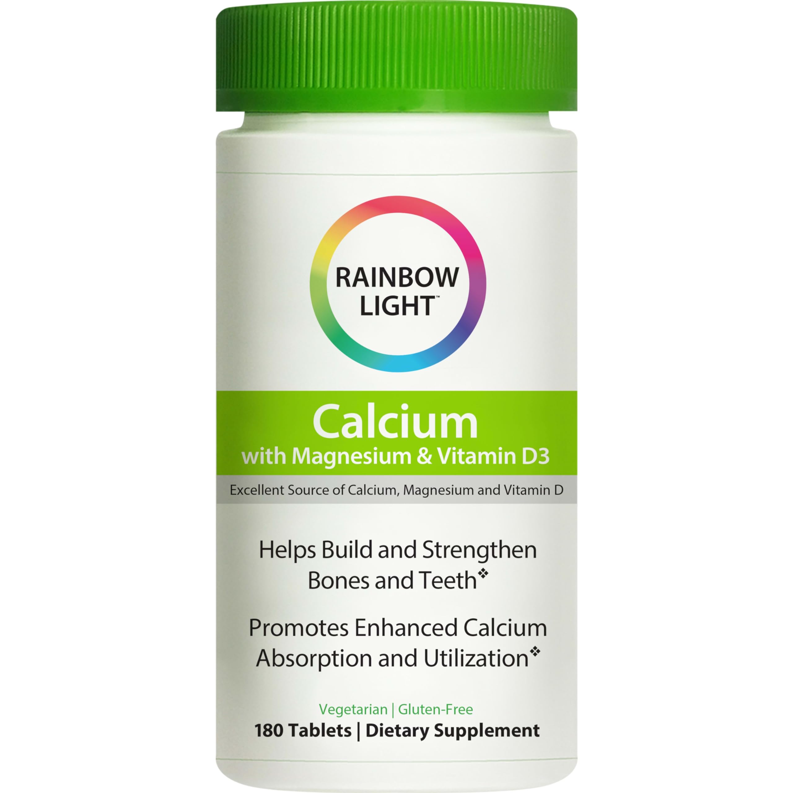 Rainbow Light Calcium Magnesium Vitamin D3 Supplement - 180 Vegetarian Gluten-Free Tablets for Bone & Teeth Health - Supports Strong Bones, Joints & Daily Wellness (Ideal for Adults & Seniors)