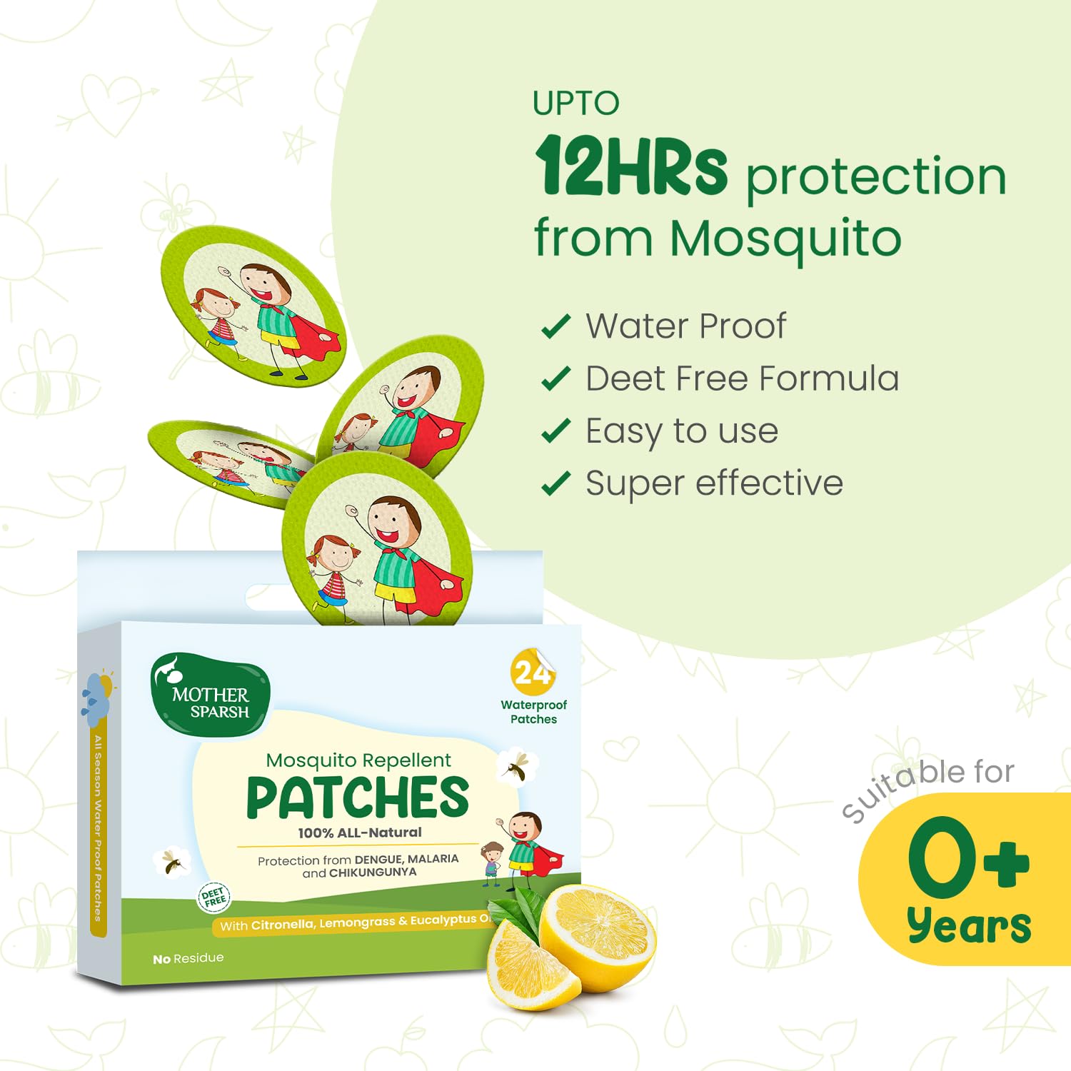 Mother Sparsh 100% Natural Mosquito Repellent Patches for Babies & Kids - 24 Patches with 12-Hour Protection | Citronella, Lemongrass & Eucalyptus Oil | Safe for Skin | Protects Against Dengue, Malaria & Chikungunya | Ideal for Outdoor Play, Travel & Camping