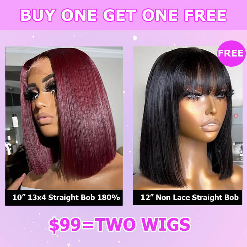 Buy 2 Dark 99J Straight 13x4 Lace Frontal BOB Wigs for $99 - Get Free Non Lace Bangs BOB Wig | Premium Human Hair Wigs for Women | Perfect for Daily Wear, Cosplay & Special Occasions