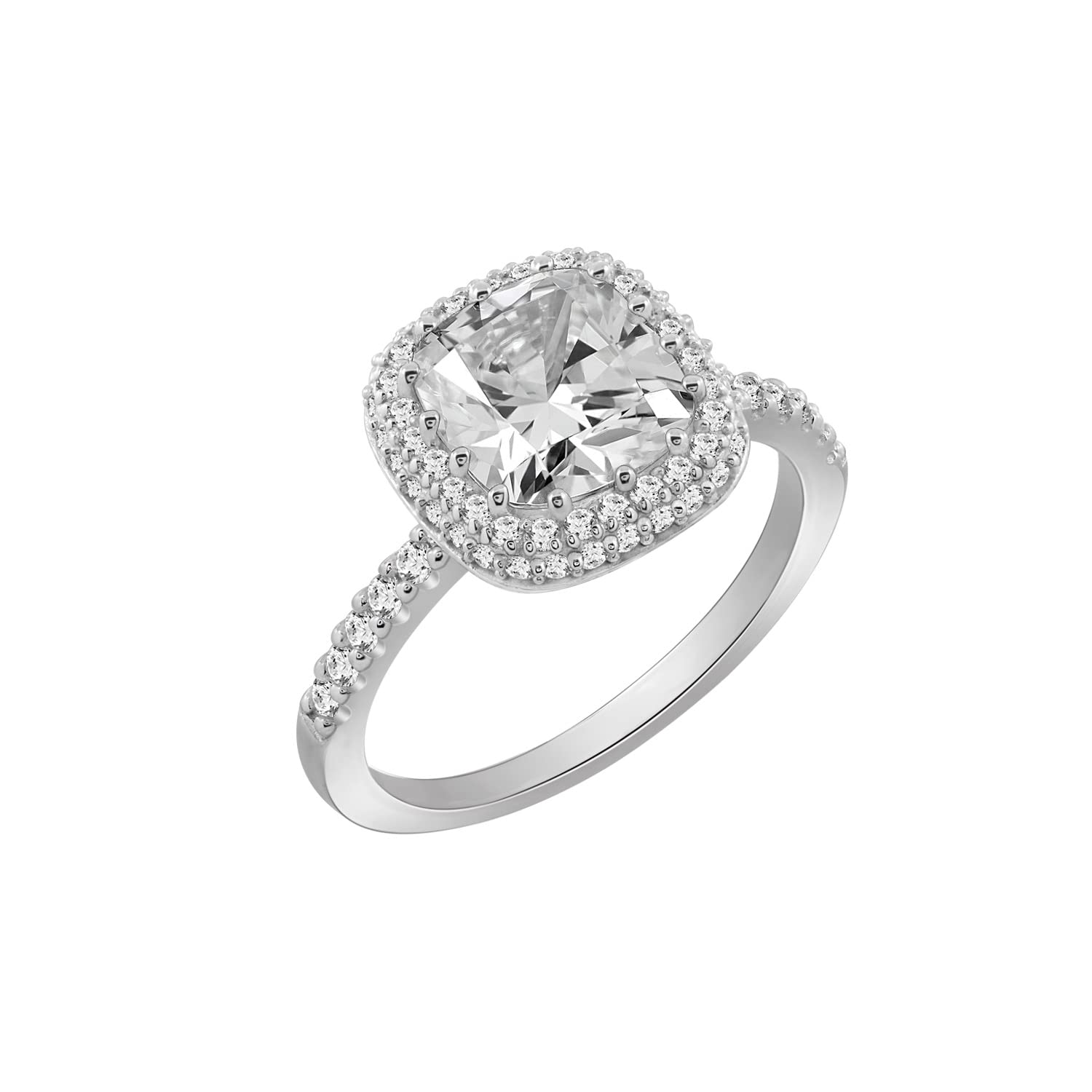Platinum Plated Sterling Silver Cubic Zirconia Emerald Halo Engagement Ring for Women - Elegant Wedding & Proposal Jewelry Gift for Her