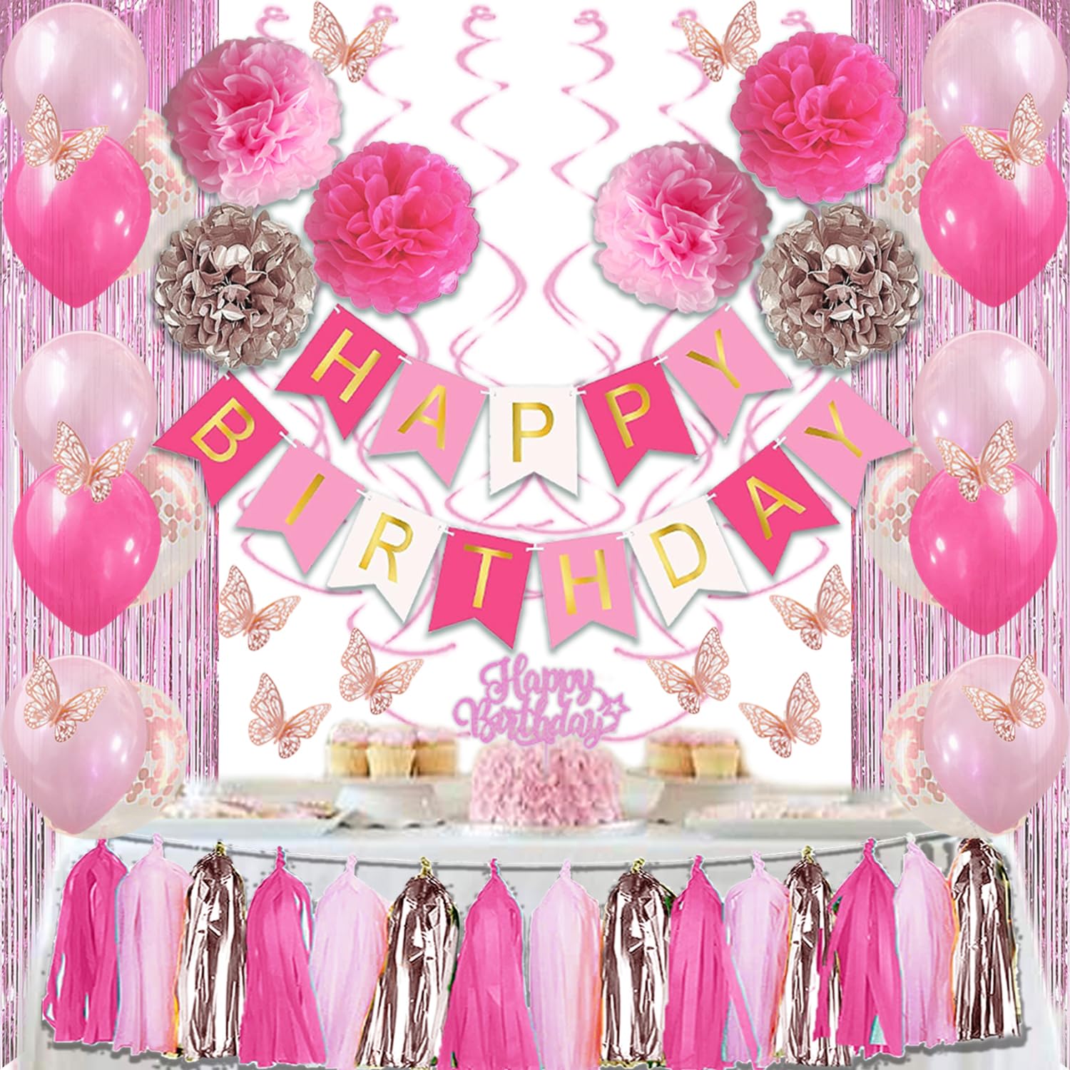 Elegant Hot Pink & Rose Gold Birthday Party Decorations Set - Butterfly Cake Topper, Hanging Swirls, Foil Curtain, Tassel Garlands, Paper Pom Poms & Balloons for Women & Girls Birthday Celebrations | Perfect for Baby Showers, Bridal Showers & Anniversary Parties