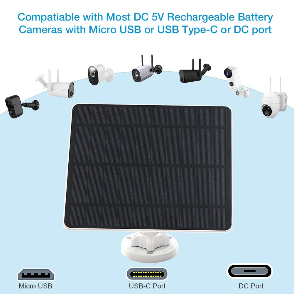 5W USB Solar Panel for Security Cameras - IP65 Waterproof, 9.8ft Cable, Adjustable Mount - Compatible with Micro USB, USB-C & DC (2 Pack) - Perfect for Outdoor Surveillance, Home Security & Wireless Camera Charging
