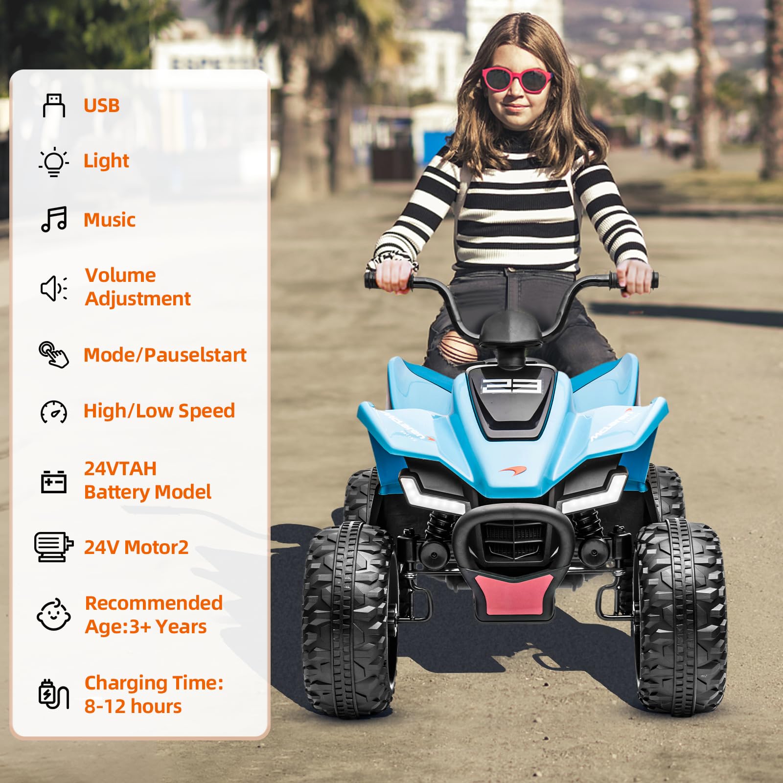 GARVEE 24V McLaren Ride On Car for Kids Ages 3+ - Blue Electric ATV with LED Lights & Music Mode | Perfect for Outdoor Play, Birthday Gifts & Toddler Pretend Driving