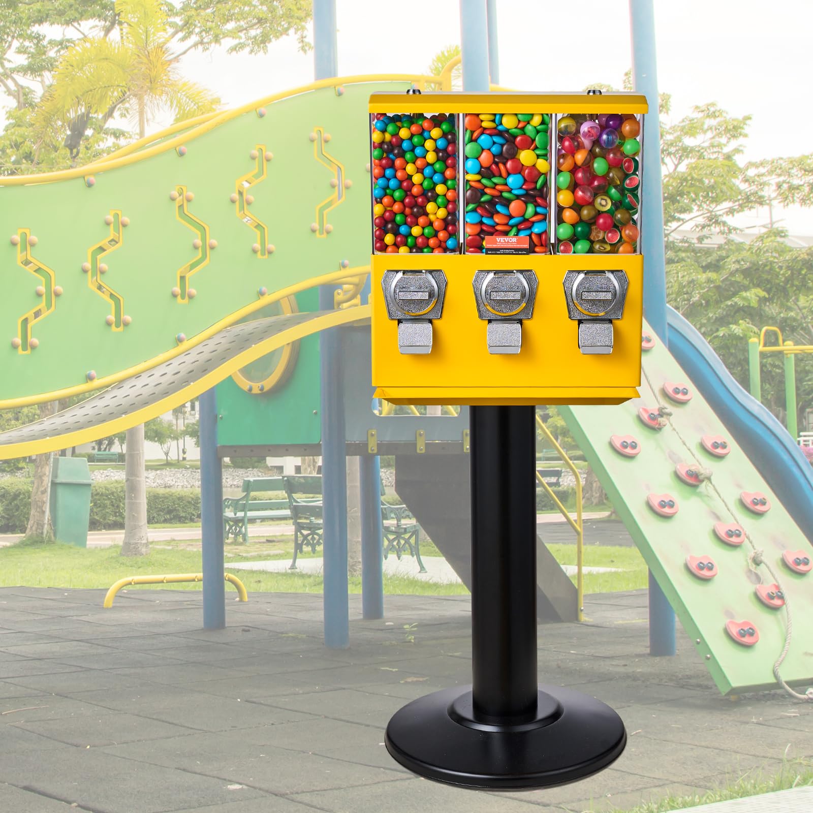 VEVOR Commercial Triple Compartment Candy Vending Machine with Iron Stand - Coin Operated Gumball & Nut Dispenser for Business - Perfect for Retail Stores, Arcades, and Restaurants (Yellow)