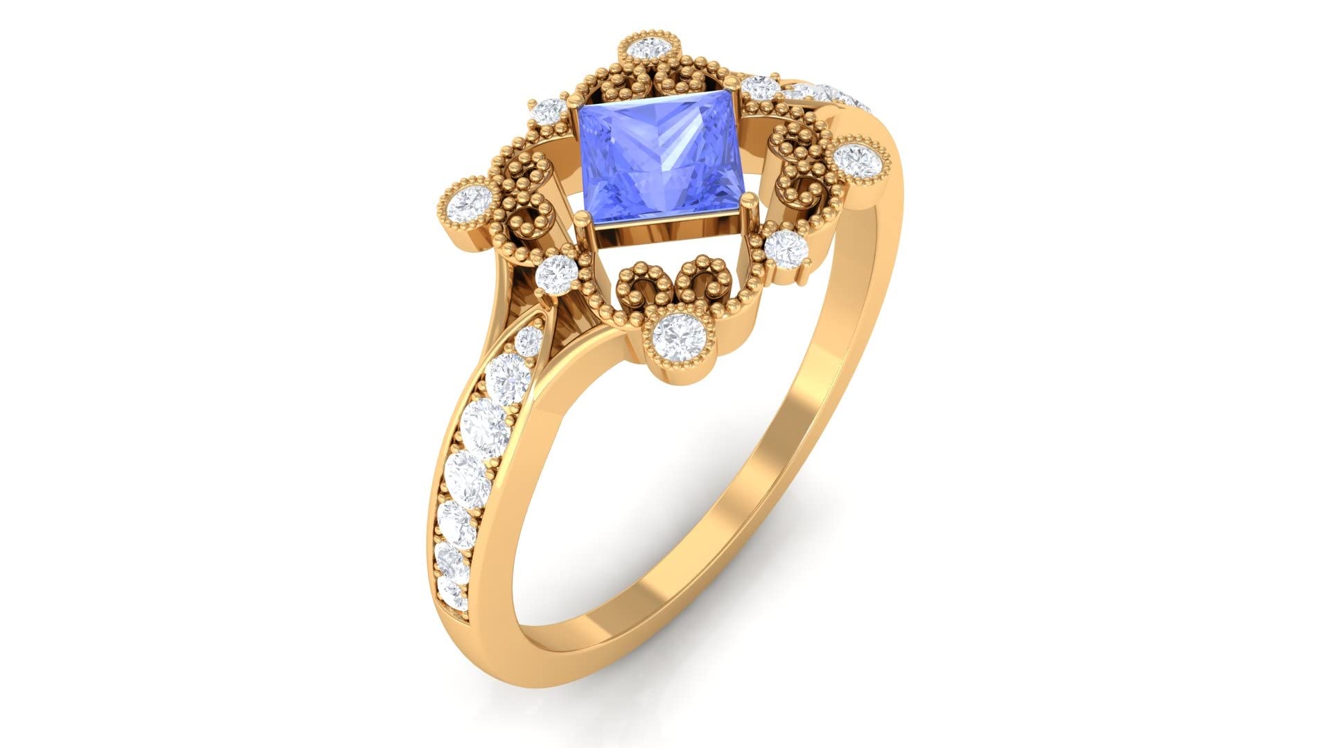 Exquisite 3/4 CT Tanzanite and Diamond Ring in 14K Solid Gold - Vintage Princess Cut Blue Tanzanite Ring with Beaded Detail for Women - Perfect for Weddings, Anniversaries & Special Occasions