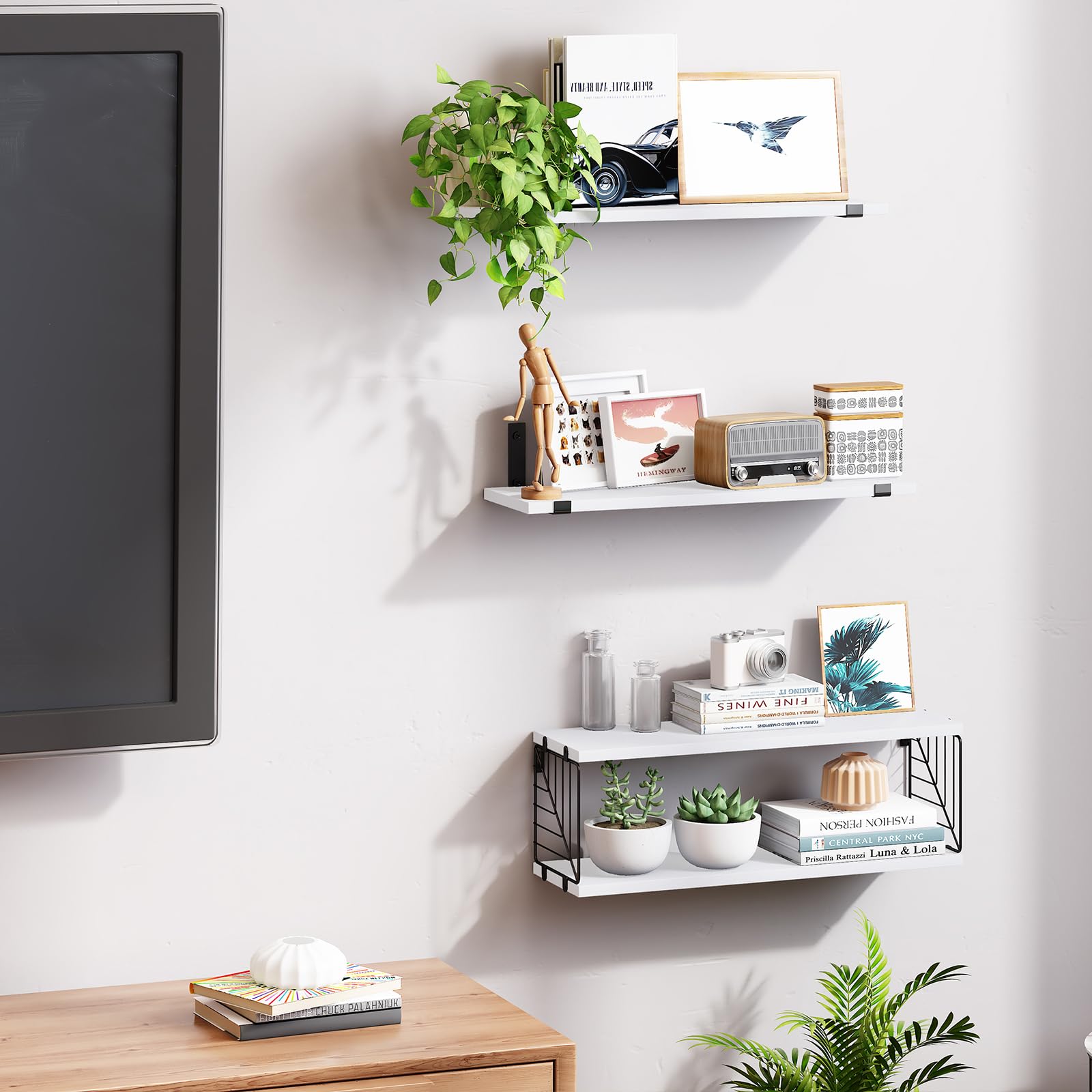 Fixwal 3-Tier Bathroom Floating Shelves Over Toilet - 15.8 Inch Rustic Farmhouse Wood Wall Shelves for Bathroom Storage - Perfect for Living Room, Bedroom & Kitchen Decor (White) - Ideal for Small Space Organization & Home Décor