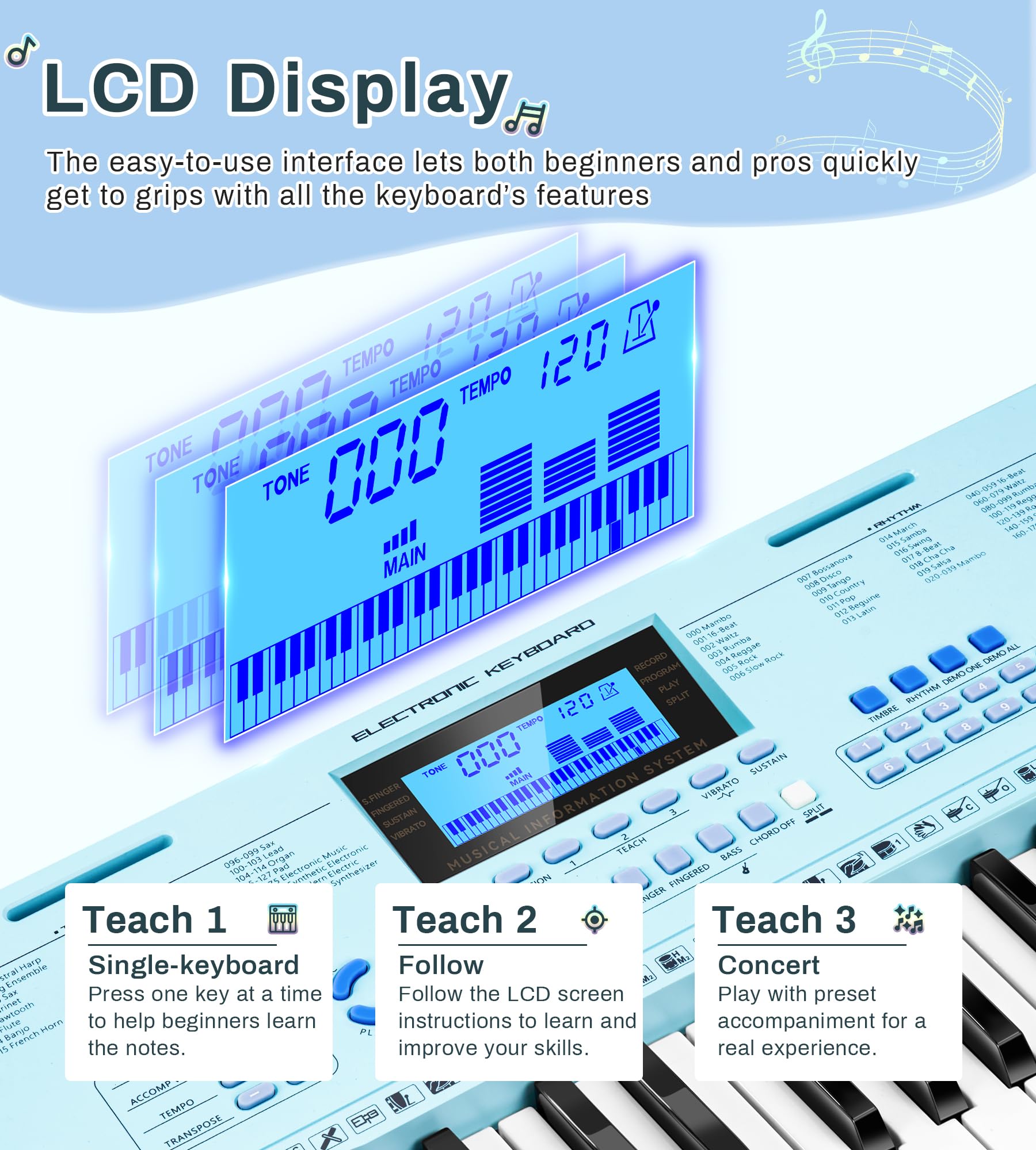 61-Key Electric Piano Keyboard for Beginners - 350 Tones, 350 Rhythms, 30 Demo Songs with LCD Display & Teaching Modes | Includes Headphones, Music Stand & Microphone | Perfect for Kids Learning Piano at Home (Blue)