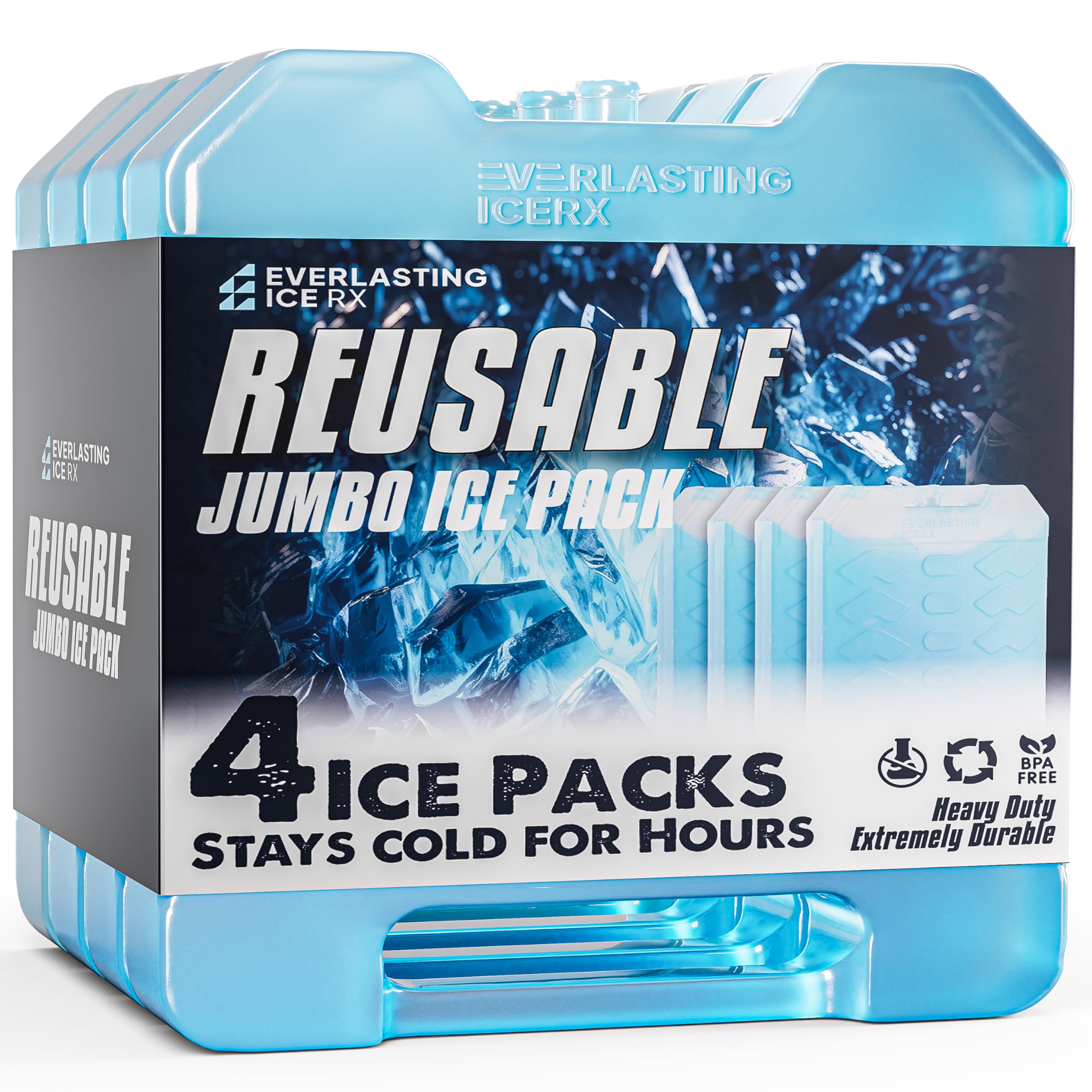 Everlasting Ice RX Large Reusable Ice Packs (4 Pack) - BPA Free, Long-Lasting Cooling for Coolers, Lunch Boxes & First Aid | Perfect for Camping, Fishing, Hiking, Beach Trips & Outdoor Adventures