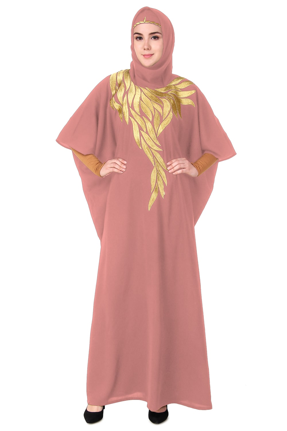 Handmade Gold Embroidered Multi-Leaf Design Kaftan Dress - Elegant Boho Chic Loungewear for Women, Perfect for Beach Cover-ups, Resort Wear & Summer Evenings