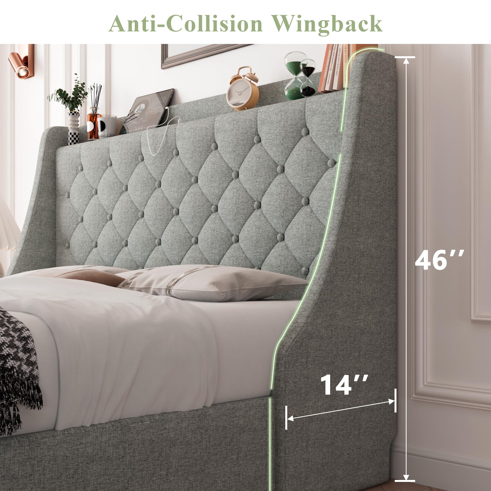 Feonase Queen Size Upholstered Storage Bed Frame with 4 Drawers & USB Charging Station - Tufted Wingback Headboard, No Box Spring Needed, Light Grey (FEO737) - Perfect for Small Bedrooms, Guest Rooms & Modern Apartments
