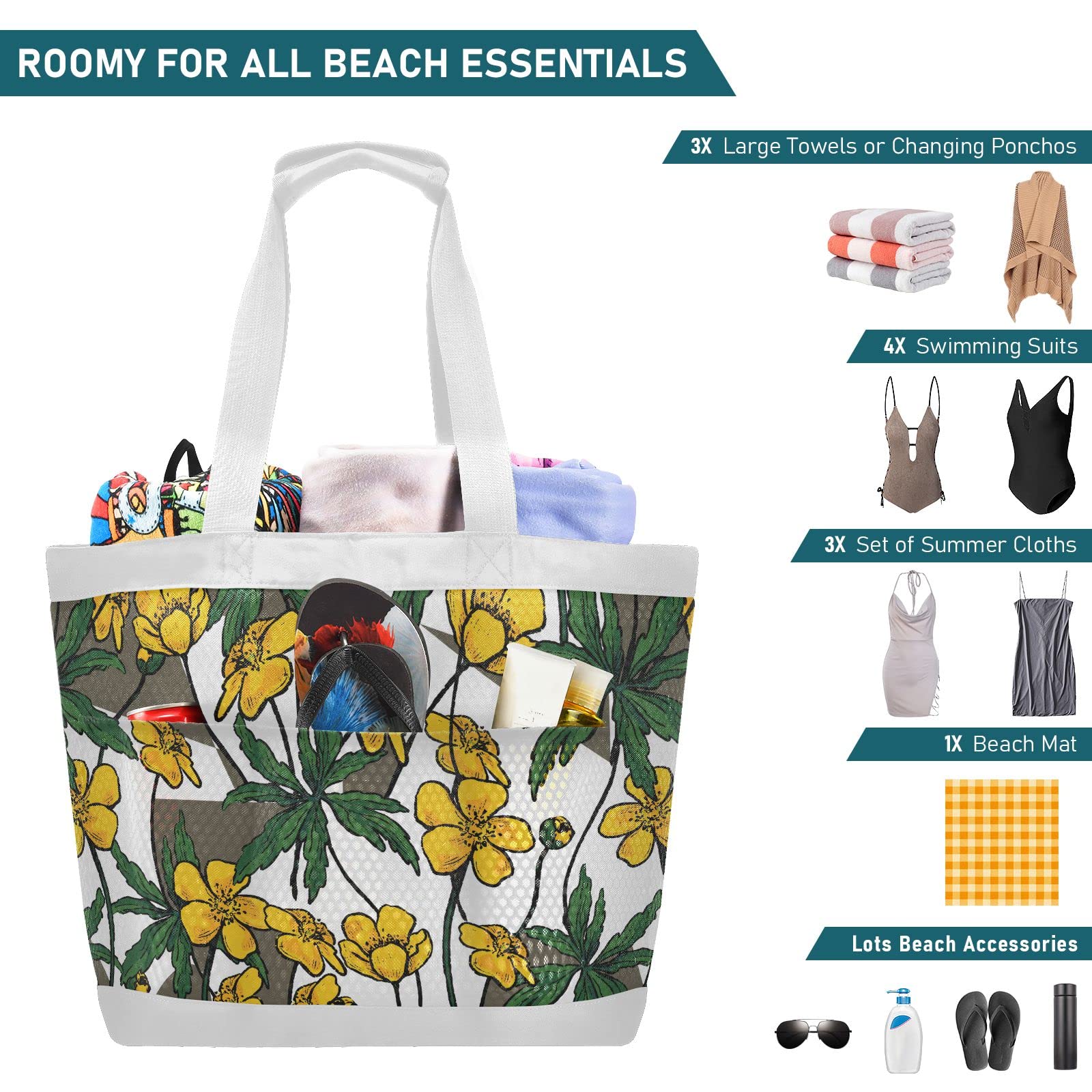J JOYSAY Buttercup Anemone Floral Mesh Beach Tote Bag - Large Water-Resistant Packable Carry-On Beach Bag for Women | Perfect for Pool, Vacation & Summer Travel Accessories
