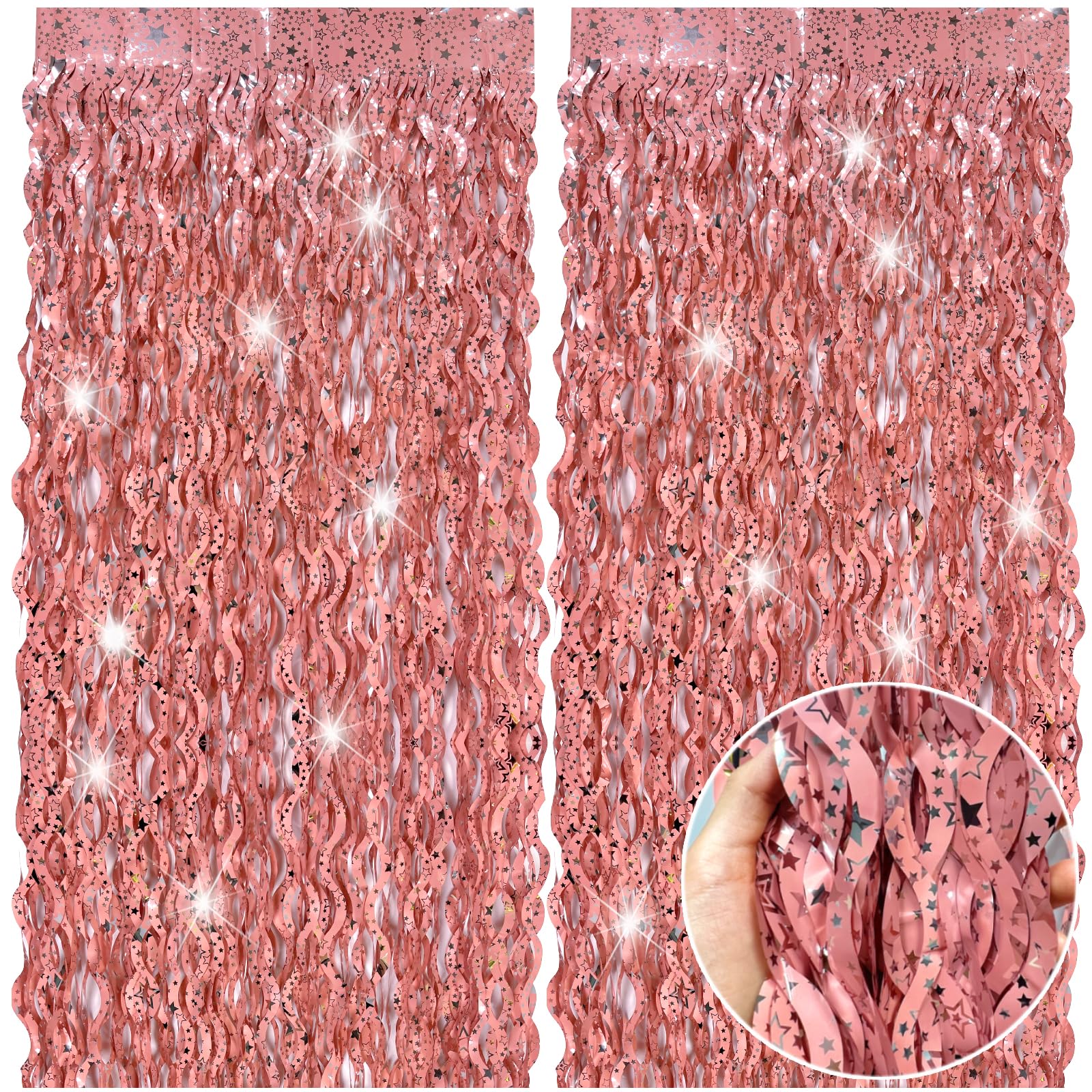 2 Pack Rose Gold Bachelorette Party Decorations - Foil Fringe Curtains & Wavy Backdrop for Birthday, Bridal Shower, Wedding, Baby Shower - Elegant Rose Gold Streamers for Women's Party Decor