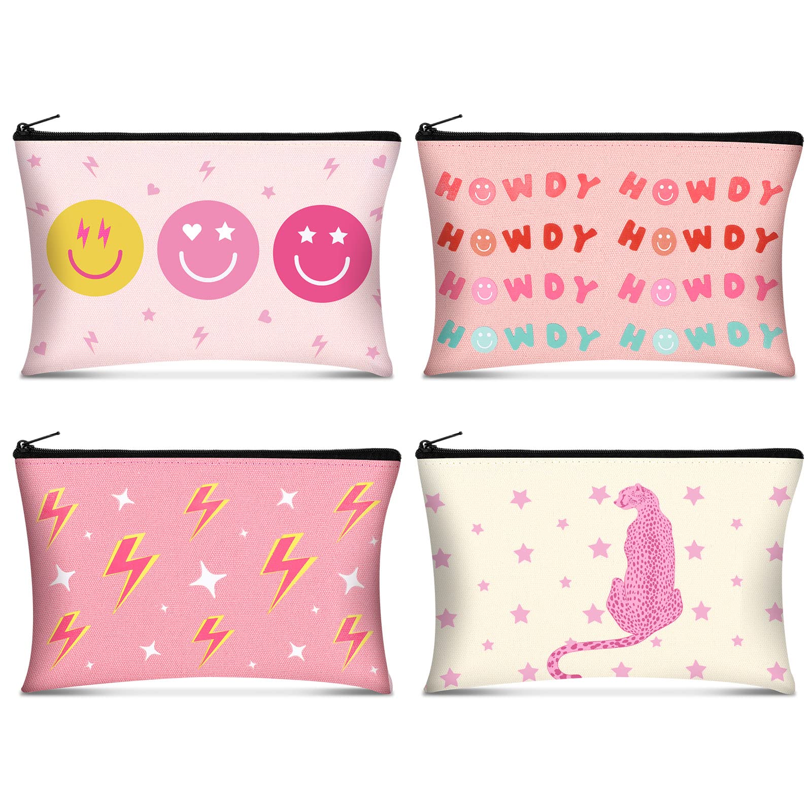 4 Pack Pink Preppy Makeup Bags with Zippers - Large Waterproof Cosmetic Organizer & Travel Toiletry Pouch - Cute Smile Leopard Print Design - Perfect for Women's Travel, Gym, Valentine's Gift & Daily Makeup Storage