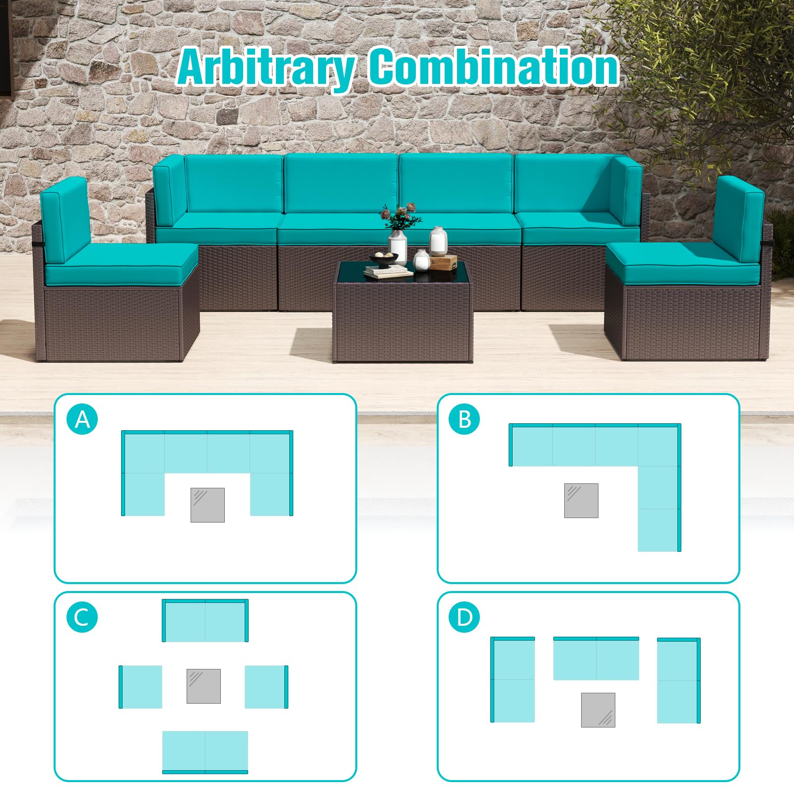 JSUN7 7-Piece Outdoor Patio Furniture Set - PE Rattan Sectional Sofa with Coffee Table & Cushions, Turquoise Wicker Garden Sofa Set for Backyard, Poolside & Balcony Relaxation