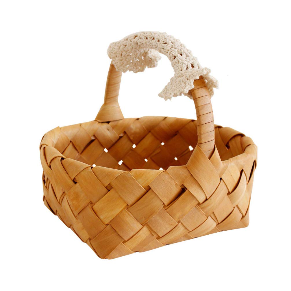 DOITOOL Flower Girl Basket - 16x13.5cm Wicker Wooden Candy Storage Basket with Handle for Wedding Party, Easter, Kids Picnic - Perfect for Home Decor, Gift Box & Special Occasions