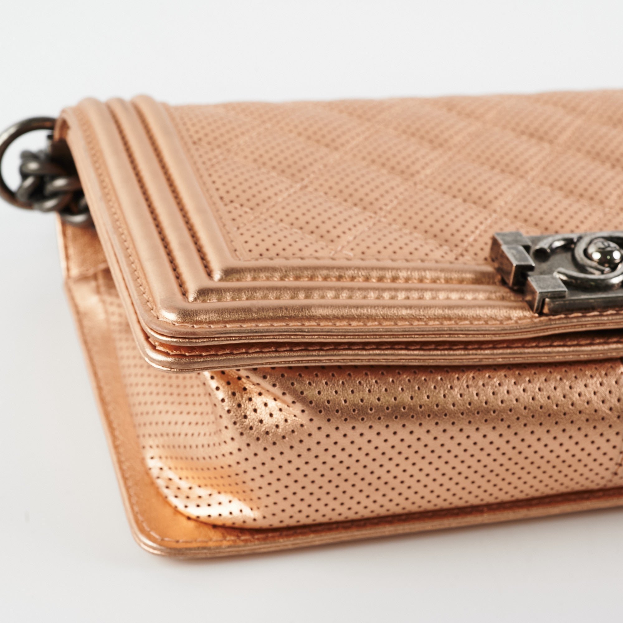 Chanel Boy Bag Perforated Rose Gold Leather Handbag - Luxury Designer Crossbody Bag for Women | Perfect for Parties, Date Nights & Special Occasions