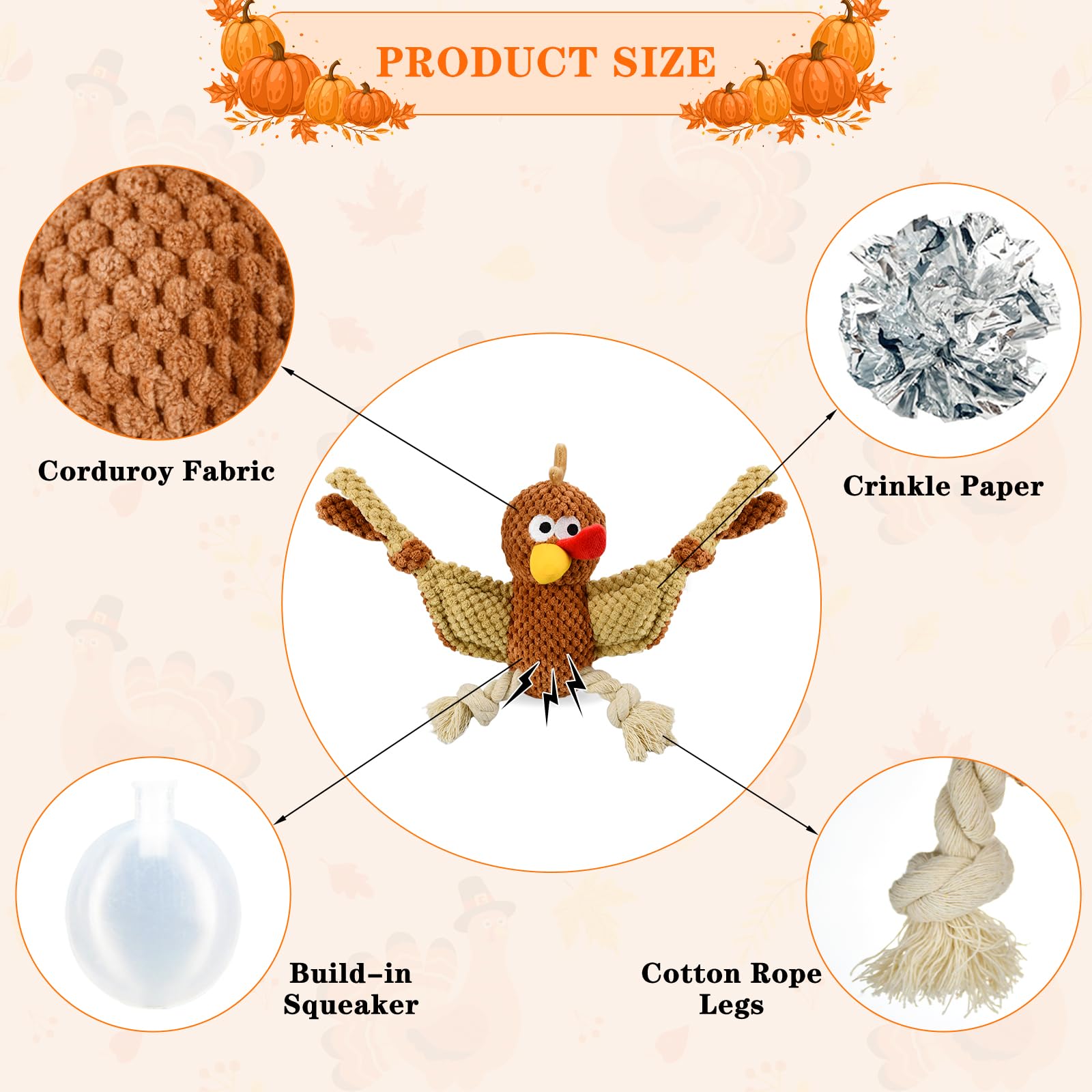Vehomy Thanksgiving Dog Squeaky Toy - Turkey Shaped Chew Toy for Puppies, Interactive Tug of War & Teething Toy for Small to Medium Dogs - Durable for Aggressive Chewers - Perfect for Holiday Playtime and Training Sessions