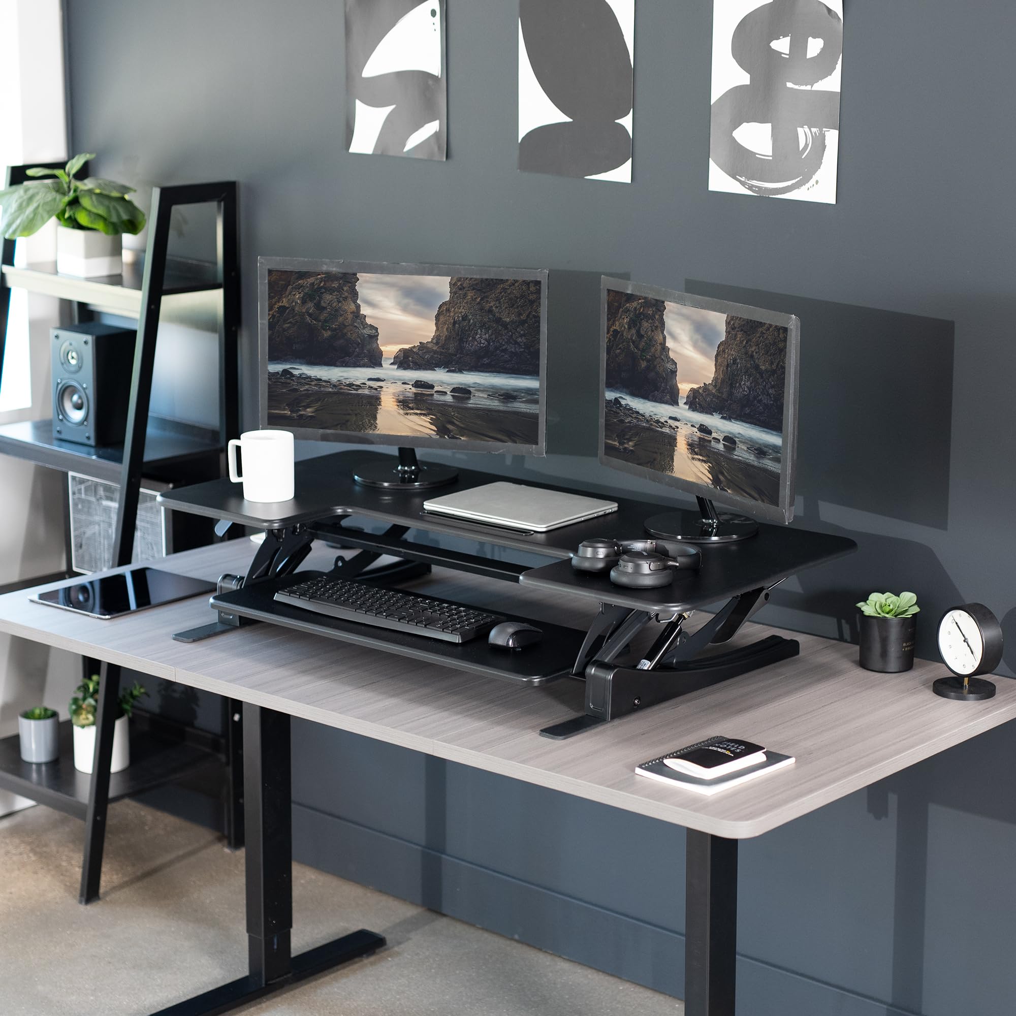 VIVO V Series 48 Inch Height Adjustable Standing Desk Converter - Quick Sit to Stand Dual Monitor Riser Workstation for Home & Office (Black, DESK-V048V) - Perfect for Ergonomic Workspaces, Computer Desks, and Productivity Setups