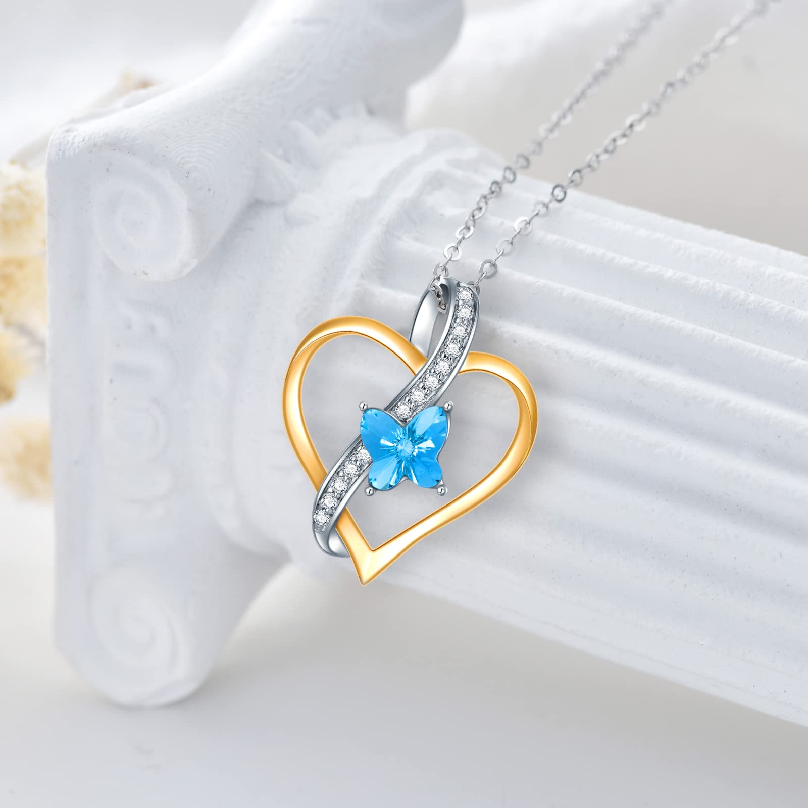 14K Yellow & White Gold Heart Necklace with Blue Butterfly & Cubic Zirconia - Elegant Women's Jewelry for Mother's Day, Anniversary, Birthday Gifts - Perfect for Wife, Grandma - 16''-18'' Adjustable Chain - Ideal for Weddings, Date Nights & Special Occasions