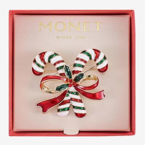 Monet Jewelry Christmas Candy Cane Multi-Color Glass Brooch Pin - Festive Holiday Accessory for Sweaters, Scarves & Gift Giving