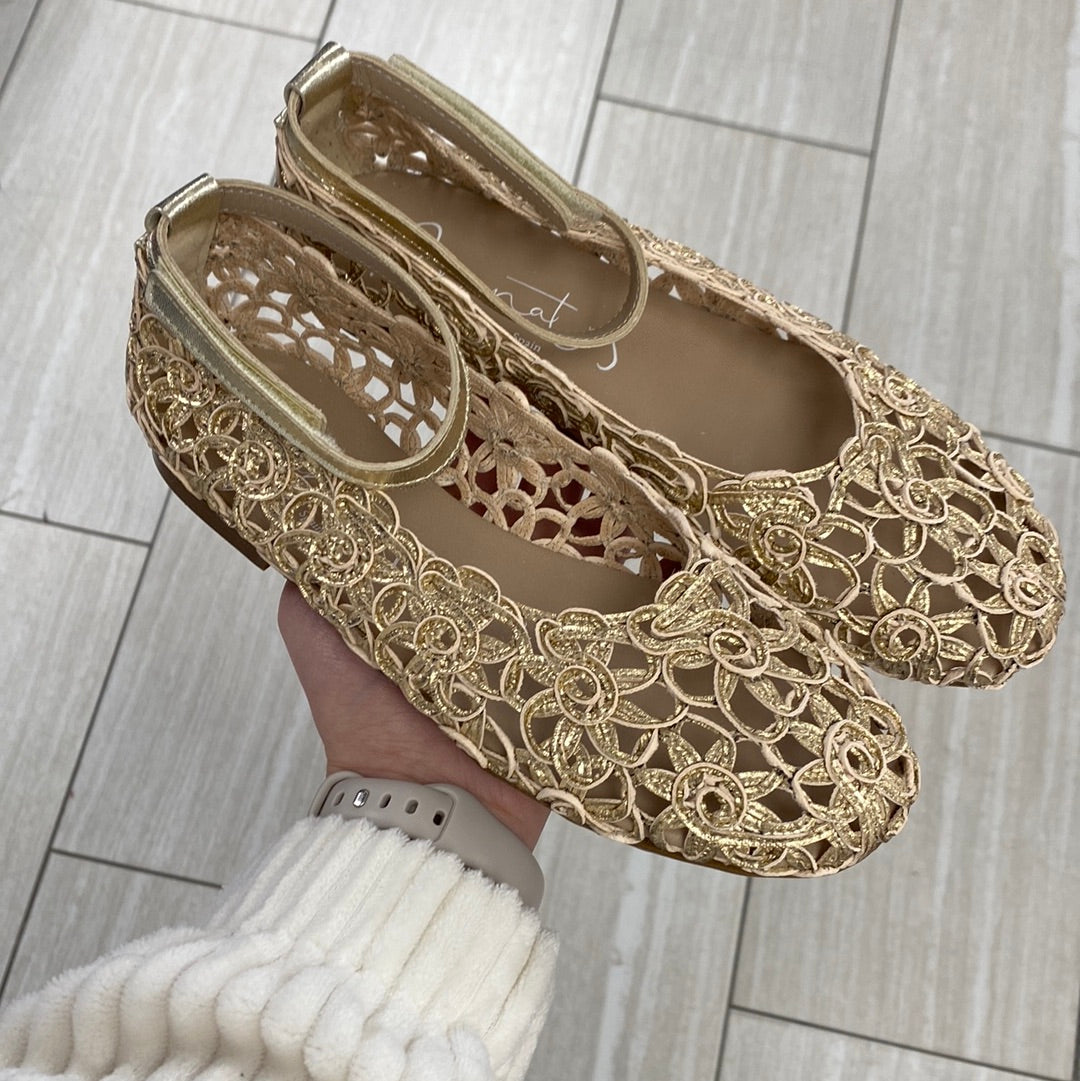 Papanatas Gold Floral Open Weave Ballet Flats - Comfortable Women's Casual Shoes for Spring & Summer Outfits, Perfect for Office, Date Night and Walking