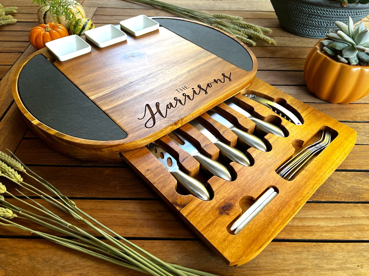 Personalized Round Charcuterie Board Set - 19pcs Cheese Board & Knife Set with Custom Engraving | Perfect Realtor Closing Gift, Wedding Present, Housewarming Party | Great for Entertaining, Cheese Tasting, Charcuterie Platters & Special Occasions
