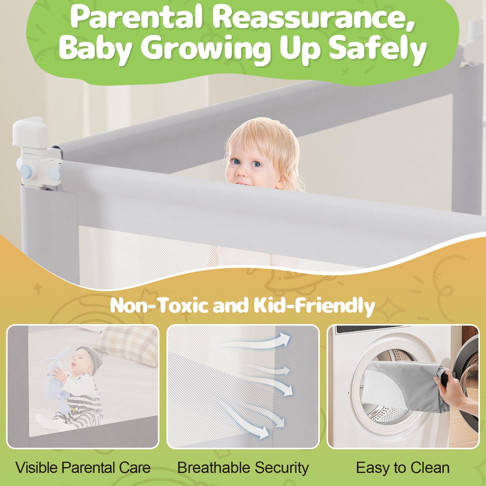 **Omzer Foldable Adjustable Baby Bed Safety Rail with Child Lock - 3 Pack (78.7x78.7x74