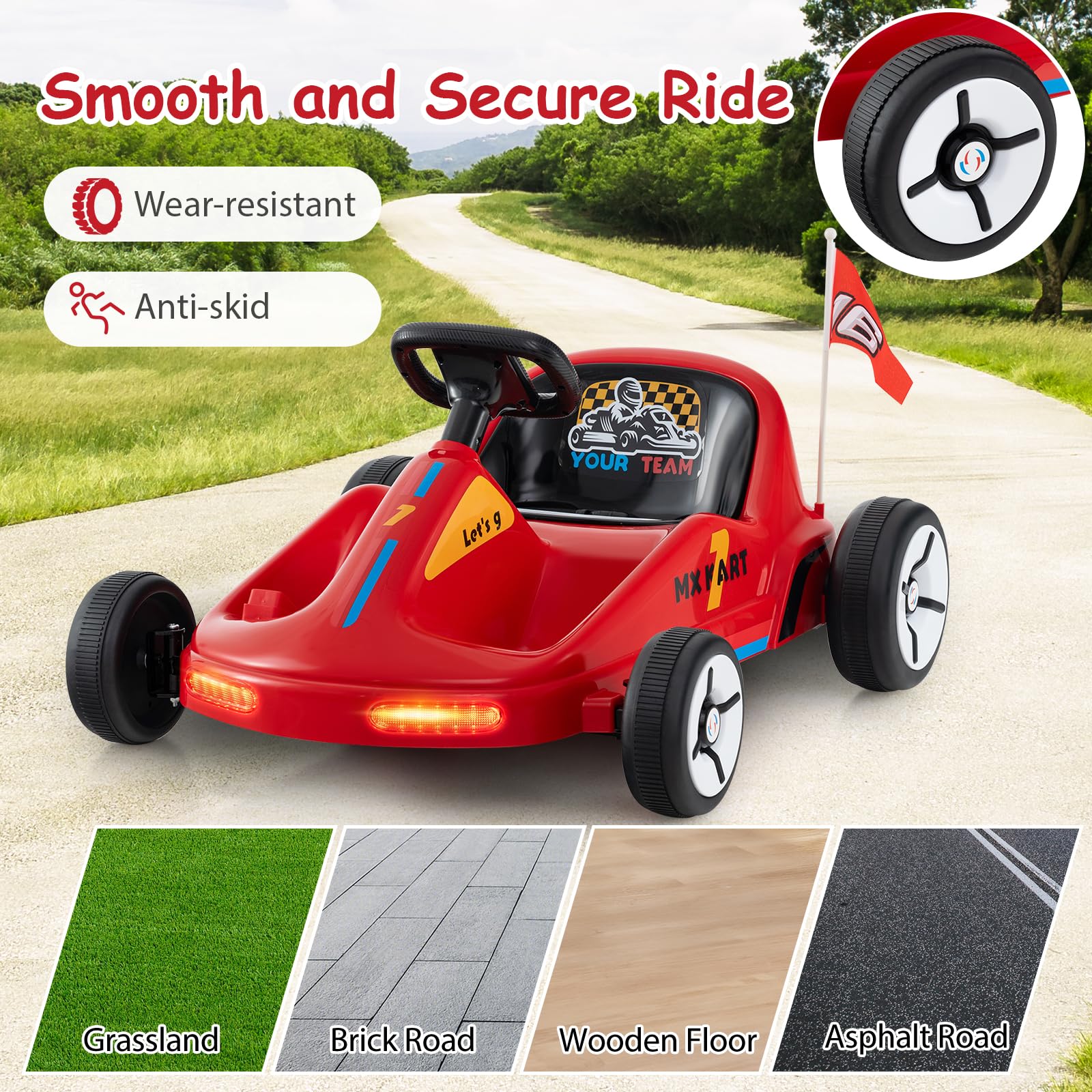 Costzon 12V Kids Electric Go Kart with Remote Control - 7AH Battery Powered Ride-On Toy Car for Ages 3+, LED Lights, Music & Story Mode - Perfect for Outdoor Play, Birthday Gifts & Backyard Racing (Red)