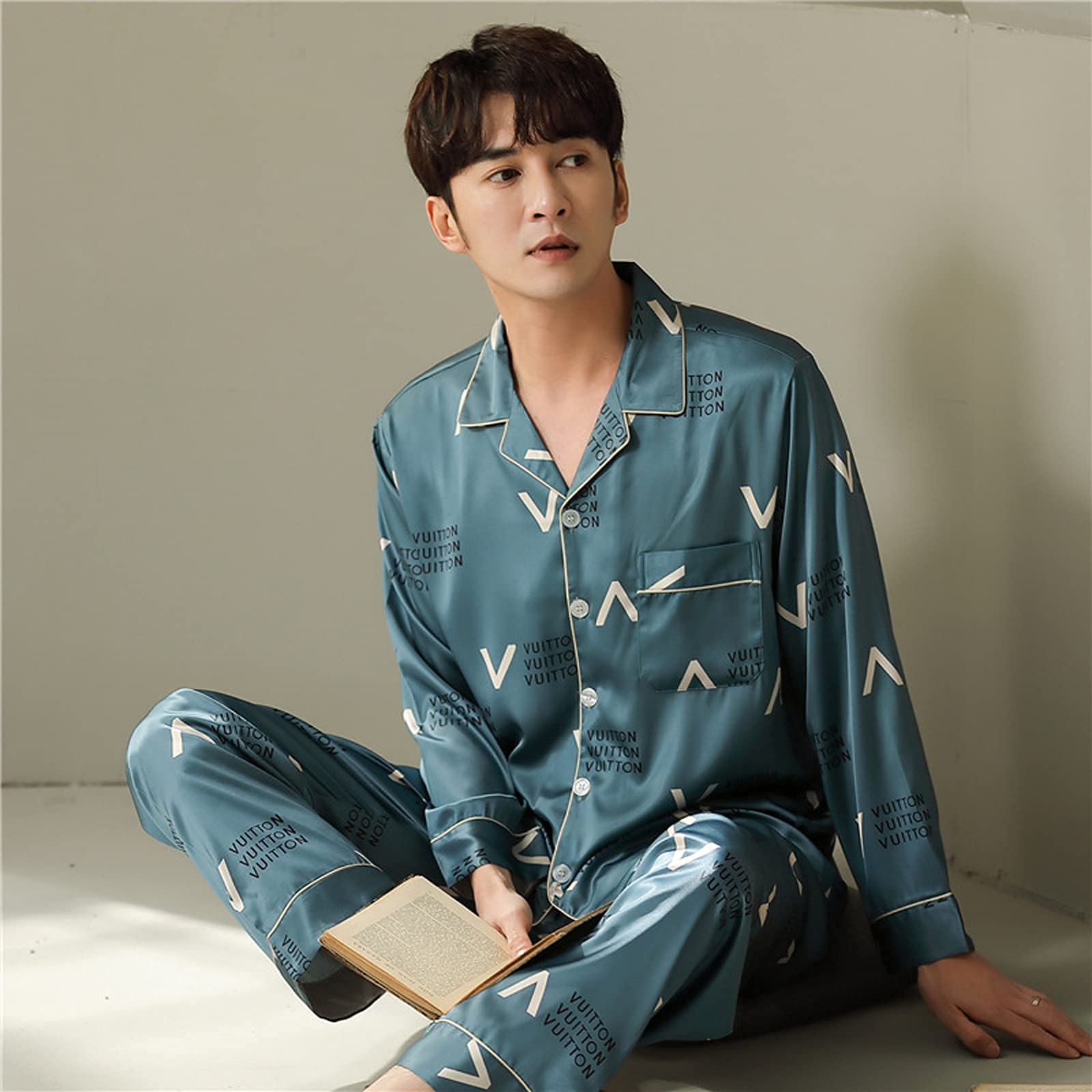 FMOGG Spring Ice Silk Men's Pajama Set - Long Sleeve & Pants, Turn-Down Collar, Loose Fit 2-Piece Sleepwear for Comfortable Nightwear & Lounge Wear - Perfect for Home Relaxation, Sleeping & Vacation